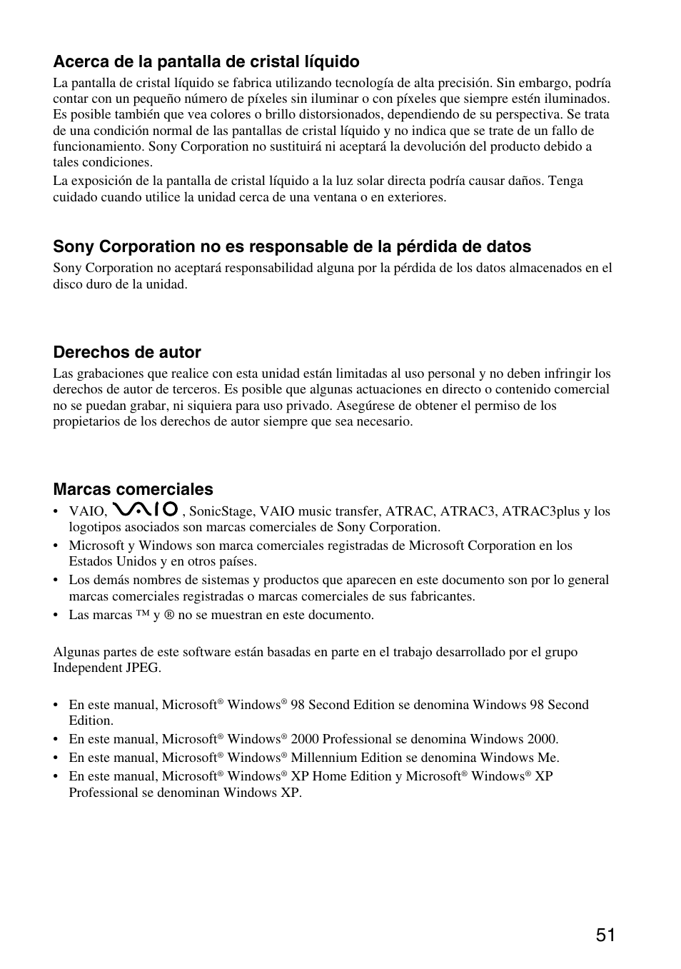 Acerca de la pantalla de cristal líquido, Derechos de autor, Marcas comerciales | Sony VGF-AP1L User Manual | Page 51 / 104