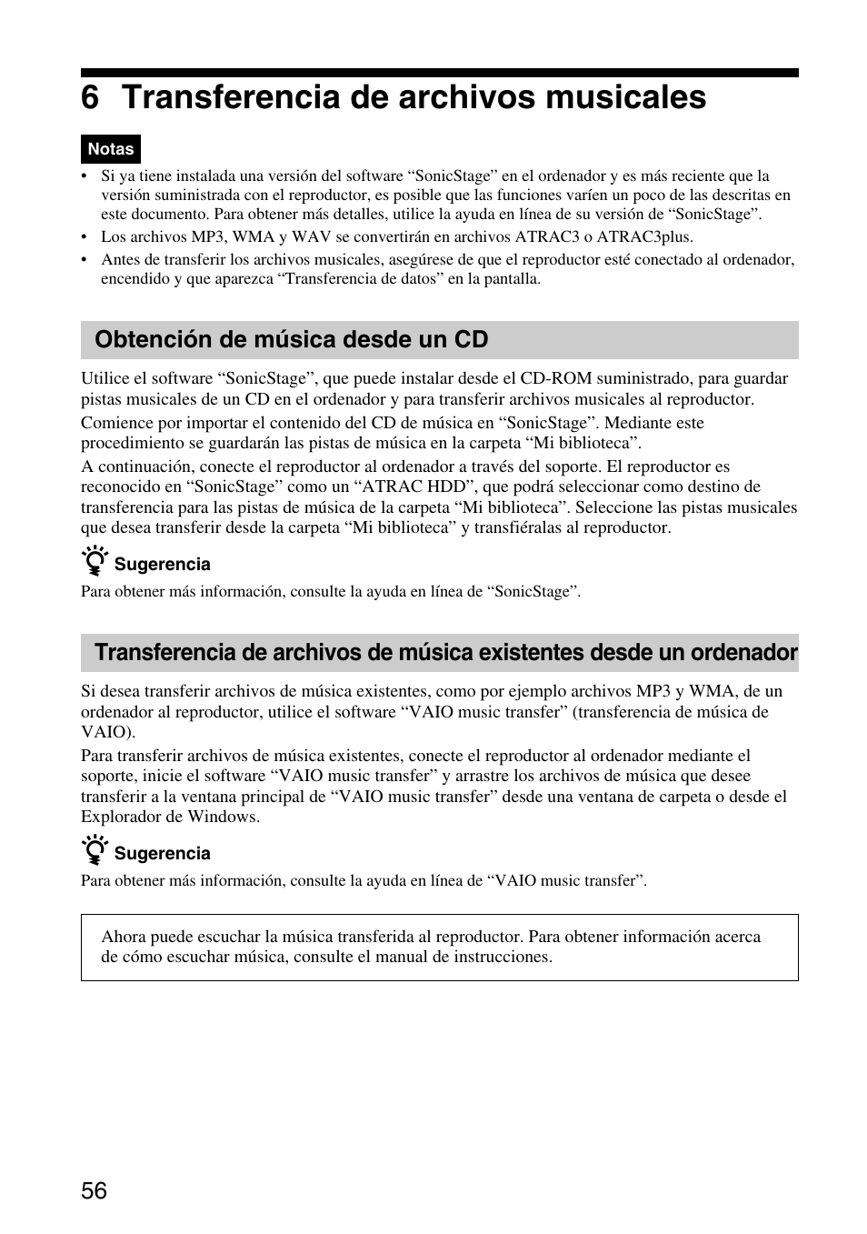 6 transferencia de archivos musicales, Obtención de música desde un cd | Sony VGF-AP1L User Manual | Page 56 / 104