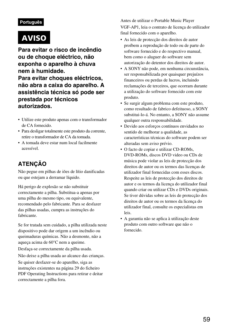 Português – guia de início rápido, Aviso, Atenção | Sony VGF-AP1L User Manual | Page 59 / 104