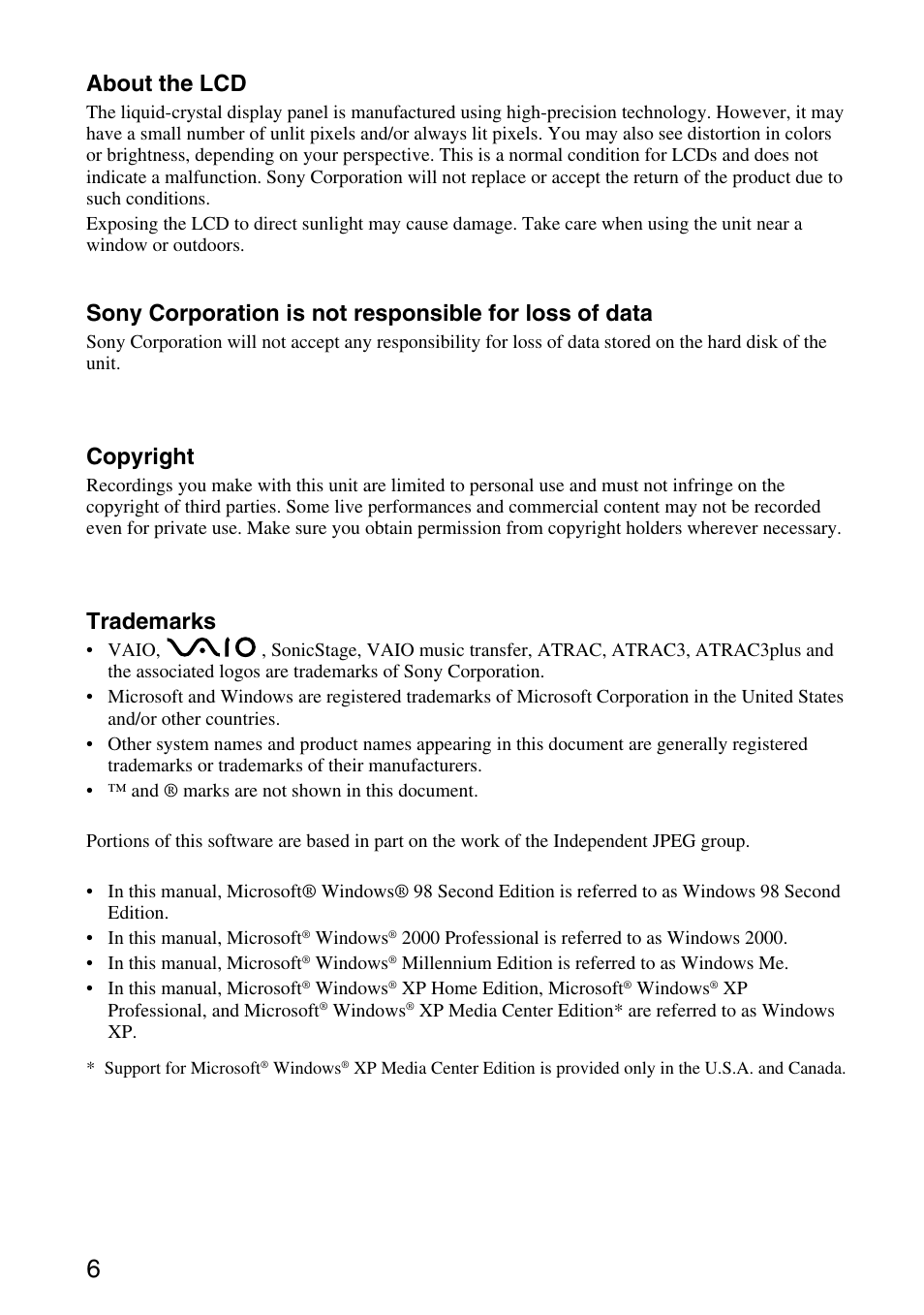 About the lcd, Copyright, Trademarks | Sony VGF-AP1L User Manual | Page 6 / 104