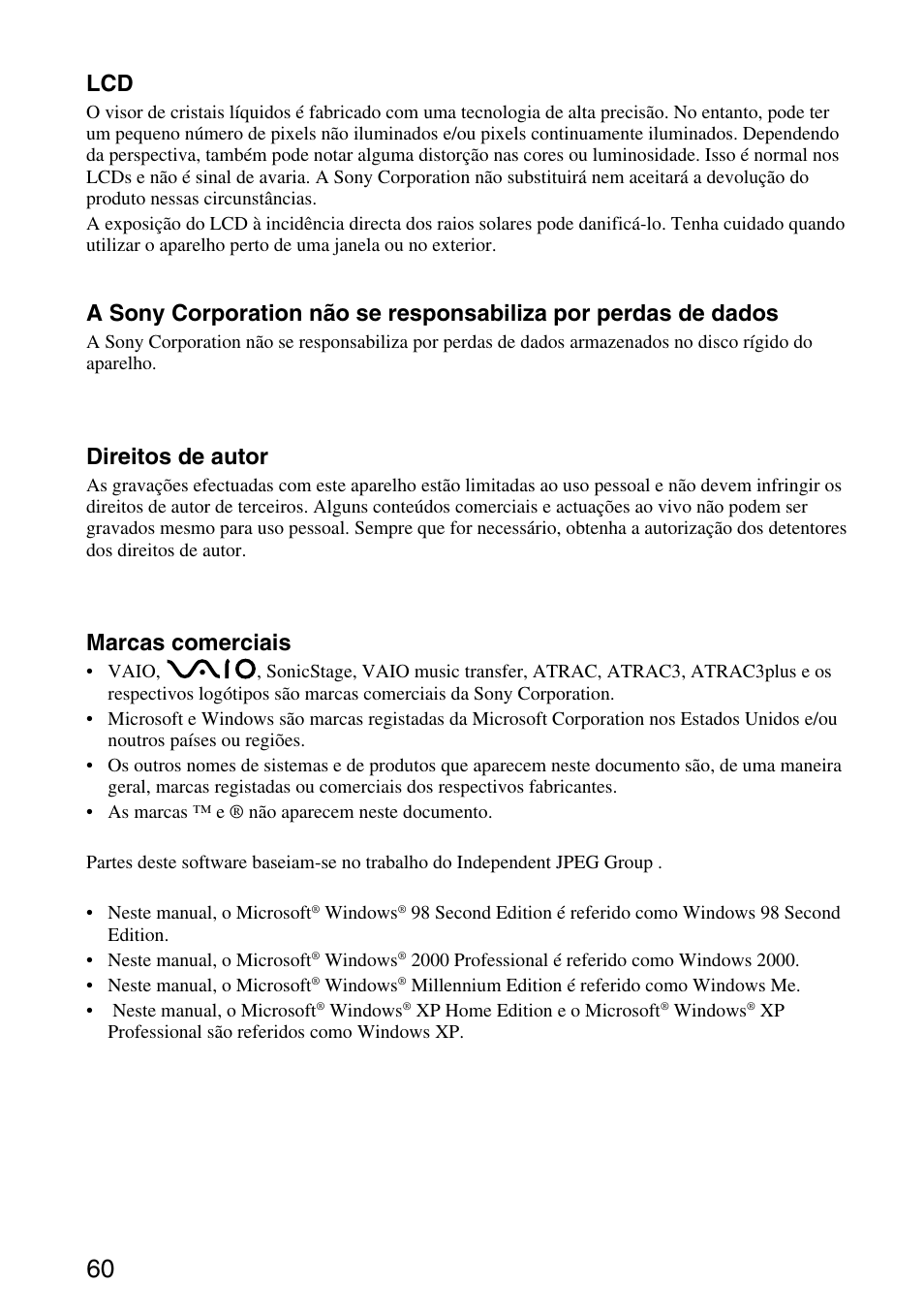 Direitos de autor, Marcas comerciais | Sony VGF-AP1L User Manual | Page 60 / 104