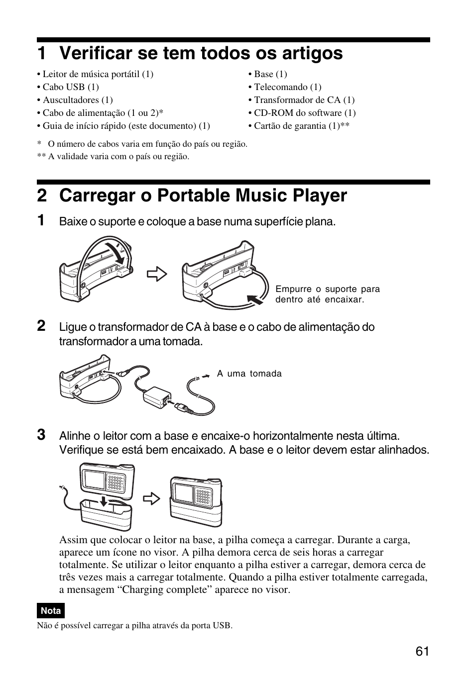 1 verificar se tem todos os artigos, 2 carregar o portable music player | Sony VGF-AP1L User Manual | Page 61 / 104