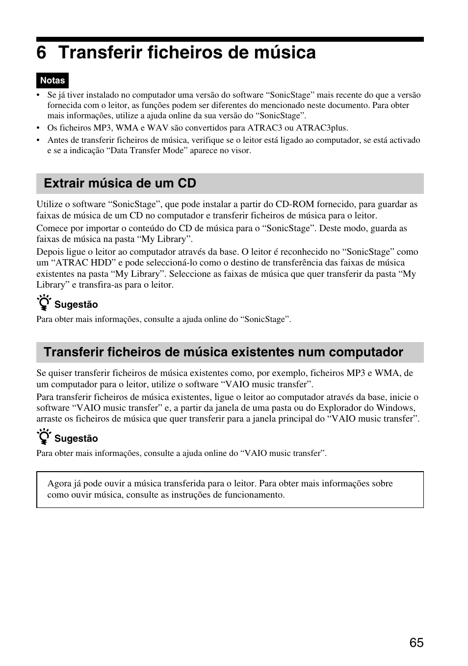 6 transferir ficheiros de música, Extrair música de um cd | Sony VGF-AP1L User Manual | Page 65 / 104