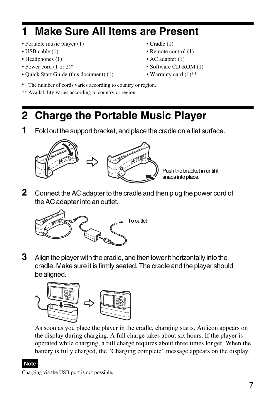 1 make sure all items are present, 2 charge the portable music player | Sony VGF-AP1L User Manual | Page 7 / 104