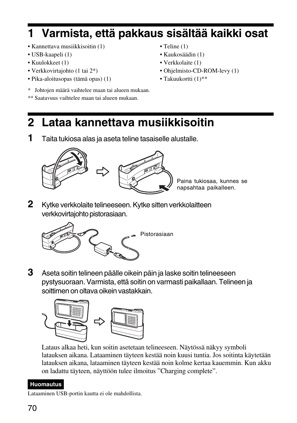 1 varmista, että pakkaus sisältää kaikki osat, 2 lataa kannettava musiikkisoitin | Sony VGF-AP1L User Manual | Page 70 / 104