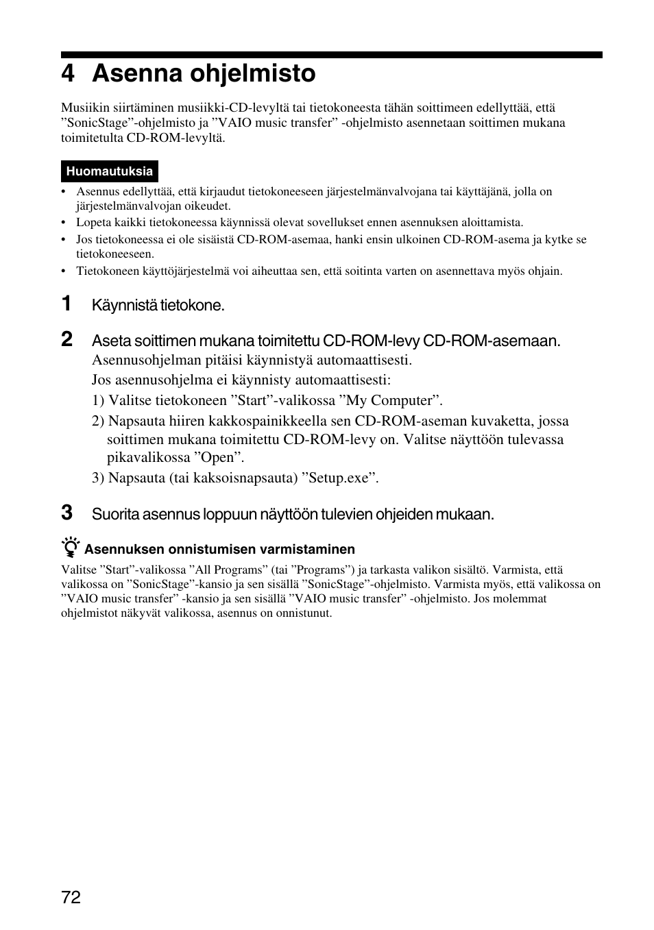 4 asenna ohjelmisto | Sony VGF-AP1L User Manual | Page 72 / 104