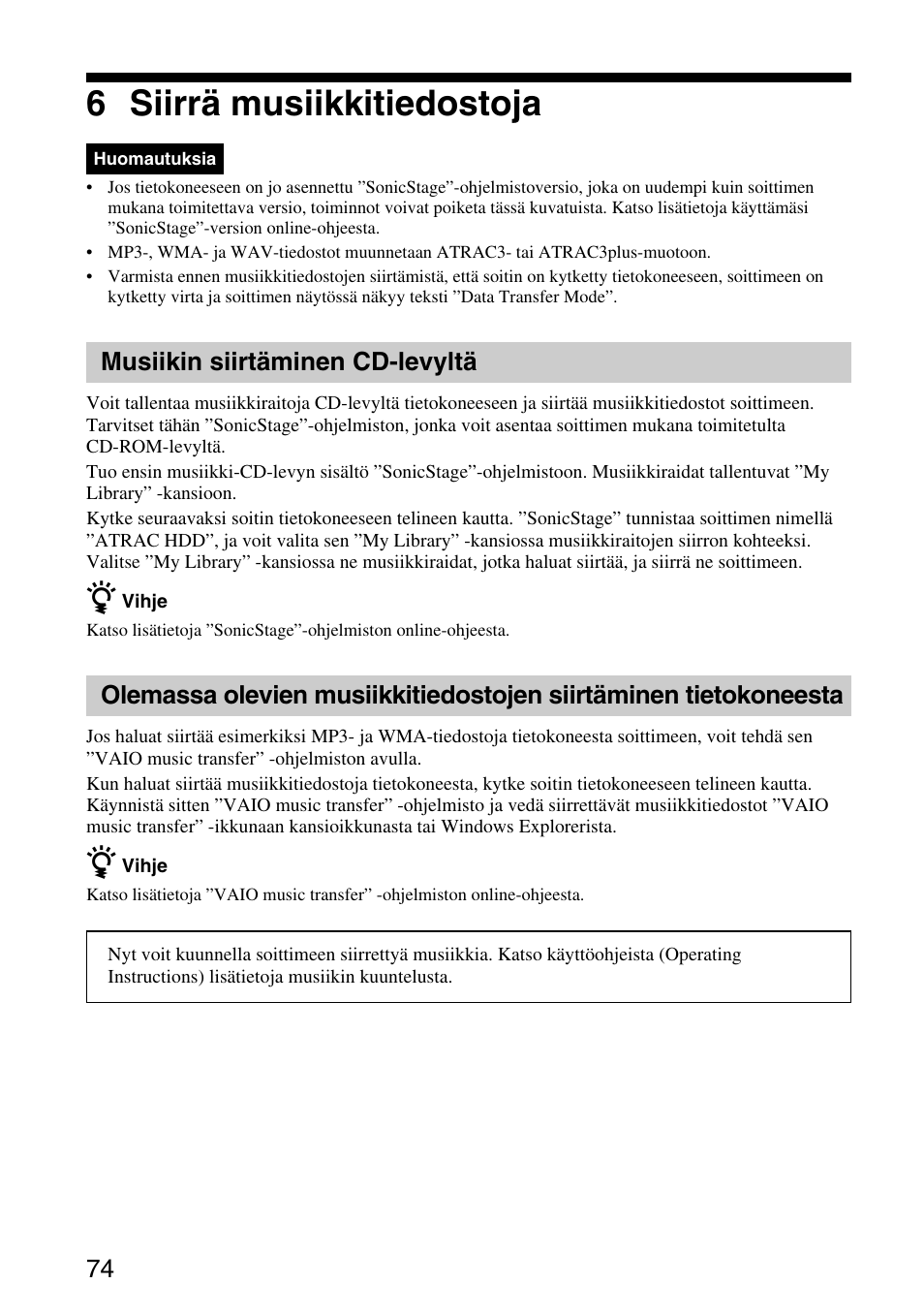 6 siirrä musiikkitiedostoja, Musiikin siirtäminen cd-levyltä | Sony VGF-AP1L User Manual | Page 74 / 104