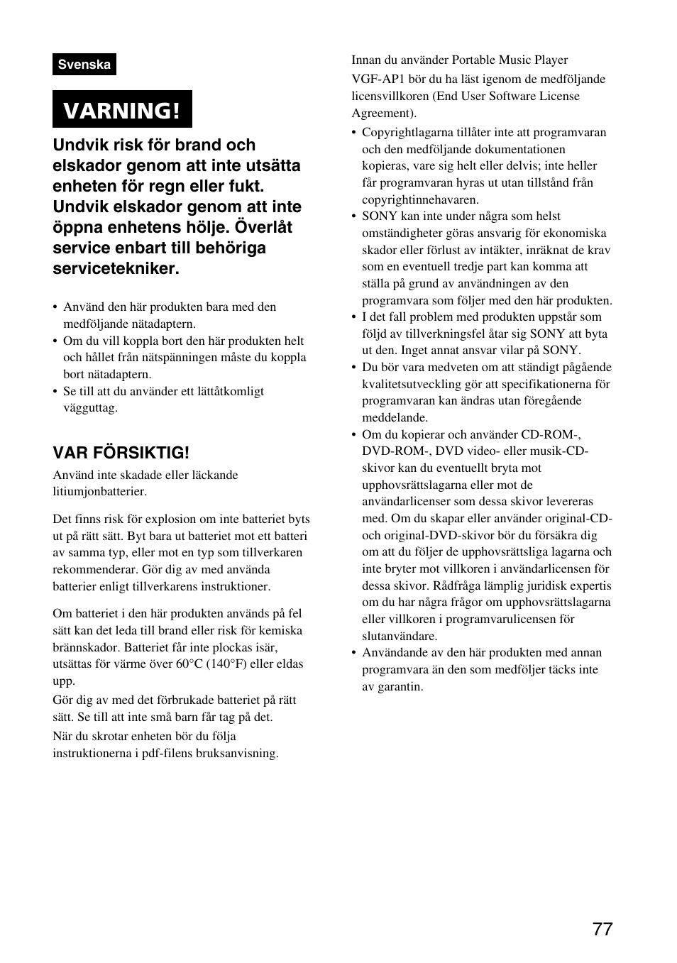 Svenska – snabbstartguide, Varning, Var försiktig | Sony VGF-AP1L User Manual | Page 77 / 104