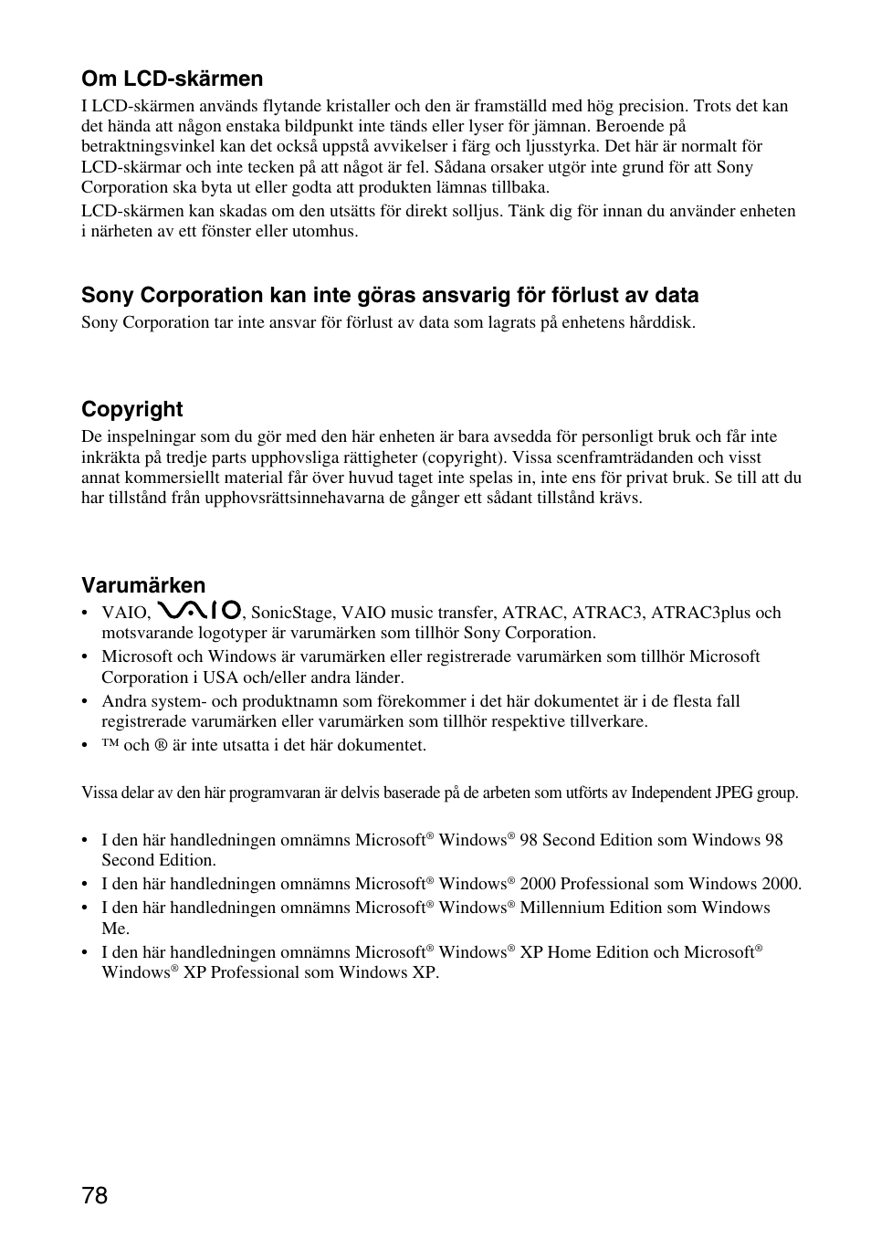 Om lcd-skärmen, Copyright, Varumärken | Sony VGF-AP1L User Manual | Page 78 / 104