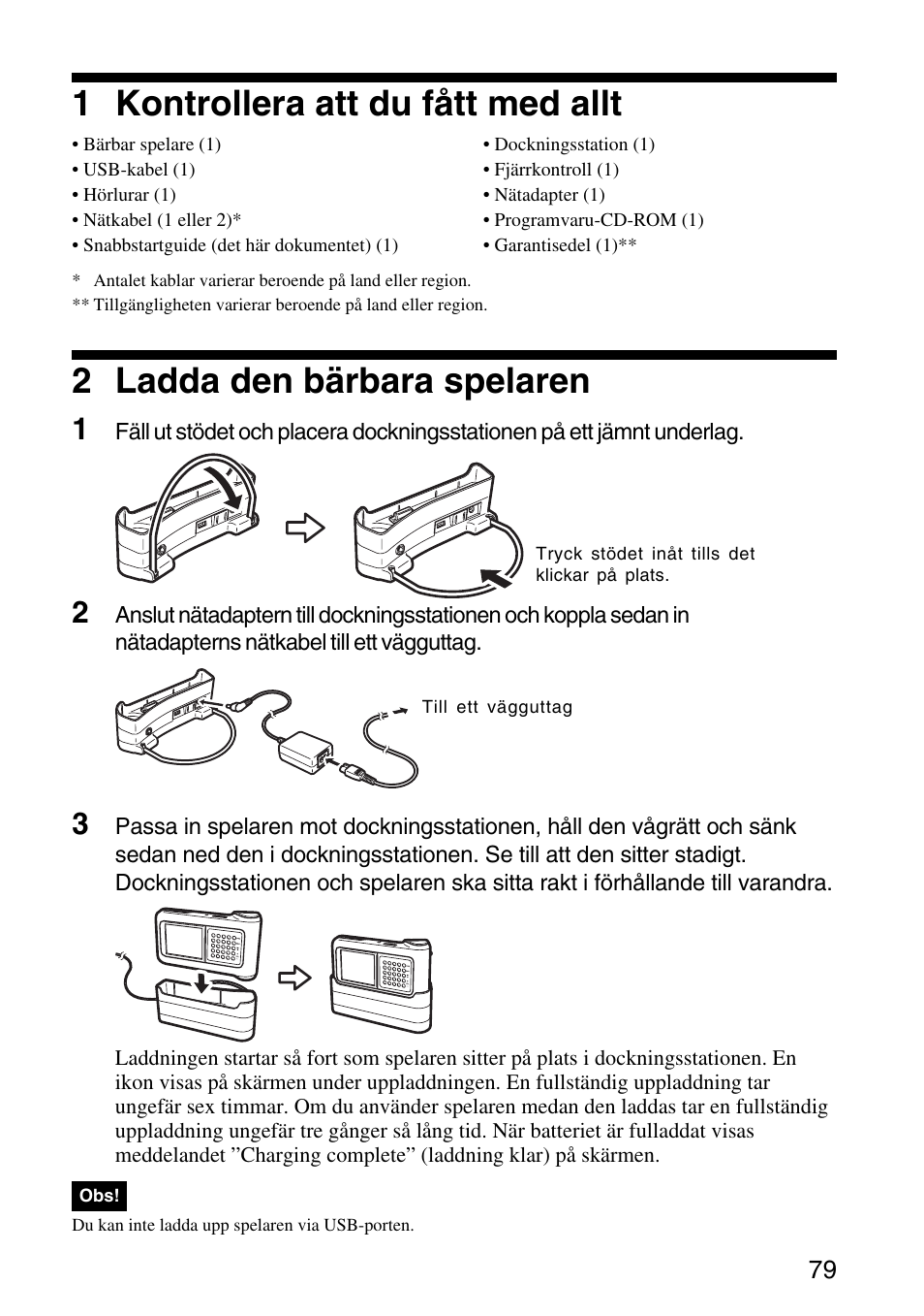 1 kontrollera att du fått med allt, 2 ladda den bärbara spelaren | Sony VGF-AP1L User Manual | Page 79 / 104