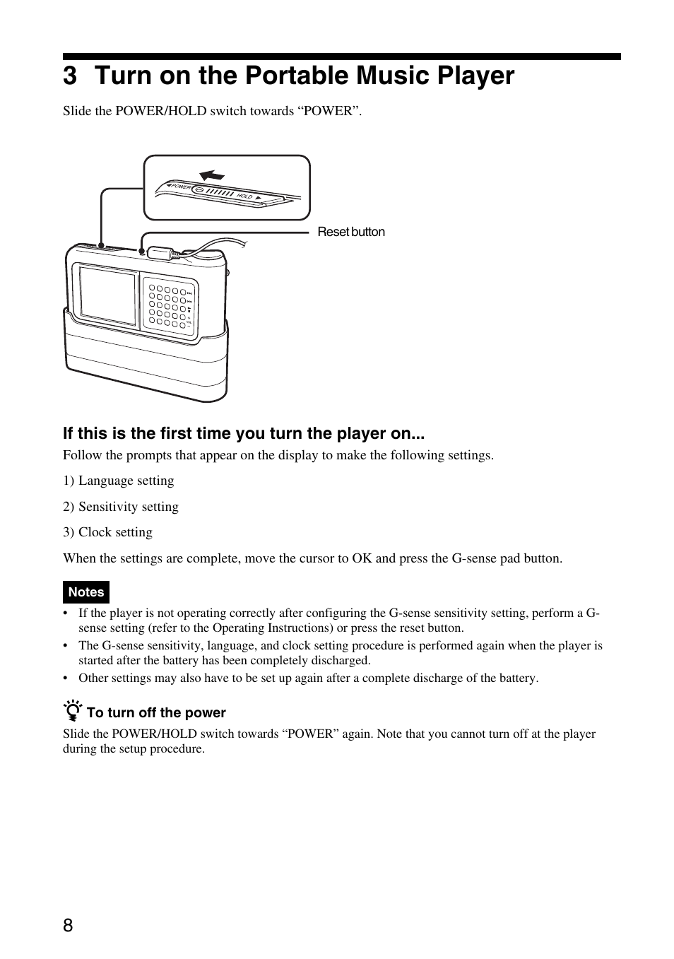 3 turn on the portable music player | Sony VGF-AP1L User Manual | Page 8 / 104