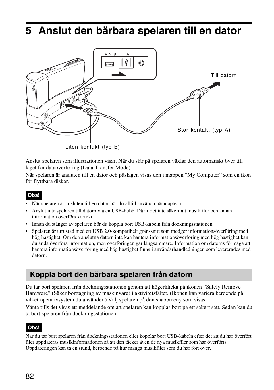 5 anslut den bärbara spelaren till en dator, Koppla bort den bärbara spelaren från datorn | Sony VGF-AP1L User Manual | Page 82 / 104