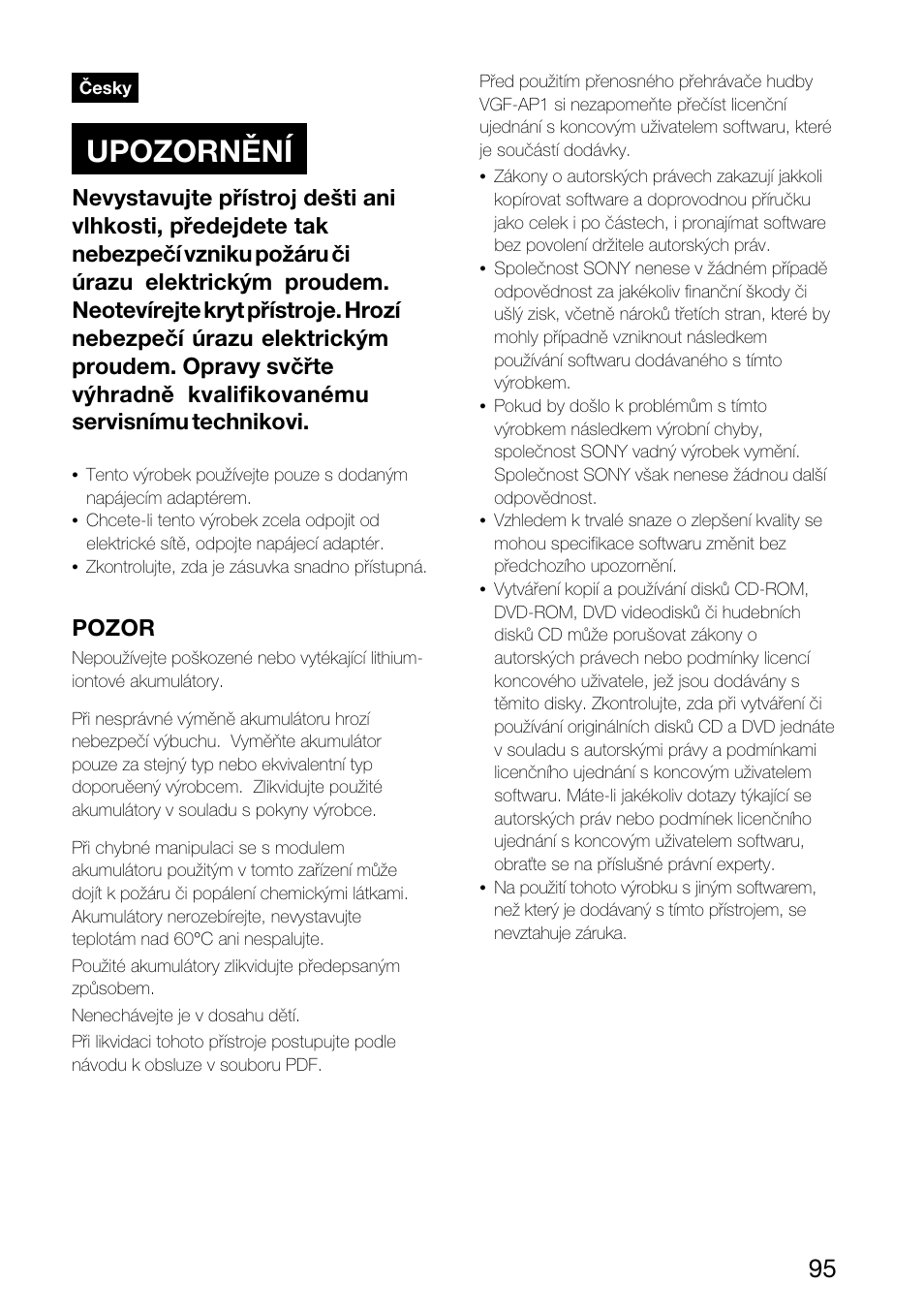 Česky, Stručná příručka, Upozornění | Pozor | Sony VGF-AP1L User Manual | Page 95 / 104