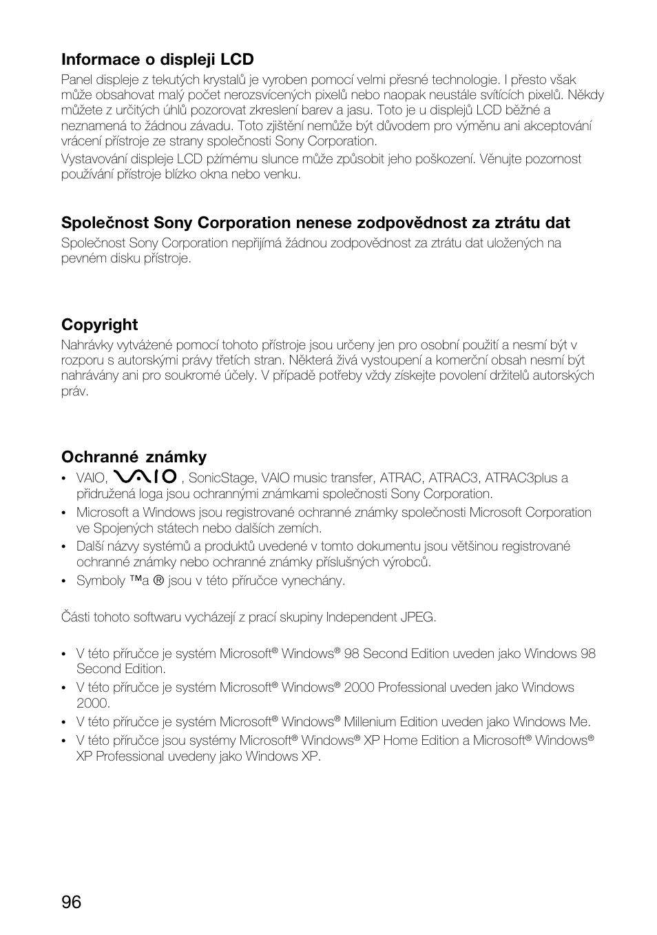 Informace o displeji lcd, Copyright, Ochranné známky | Sony VGF-AP1L User Manual | Page 96 / 104