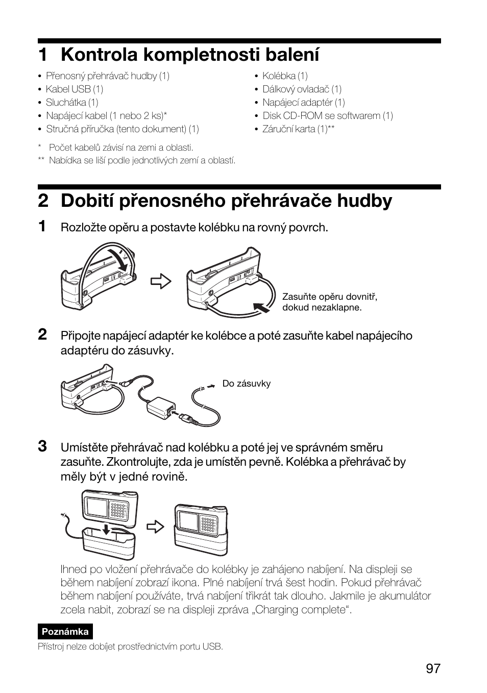 1 kontrola kompletnosti balení, 2 dobití přenosného přehrávače hudby | Sony VGF-AP1L User Manual | Page 97 / 104