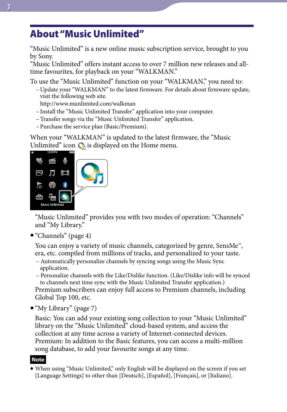 About “music unlimited | Sony NWZ-S764WHI User Manual | Page 3 / 8