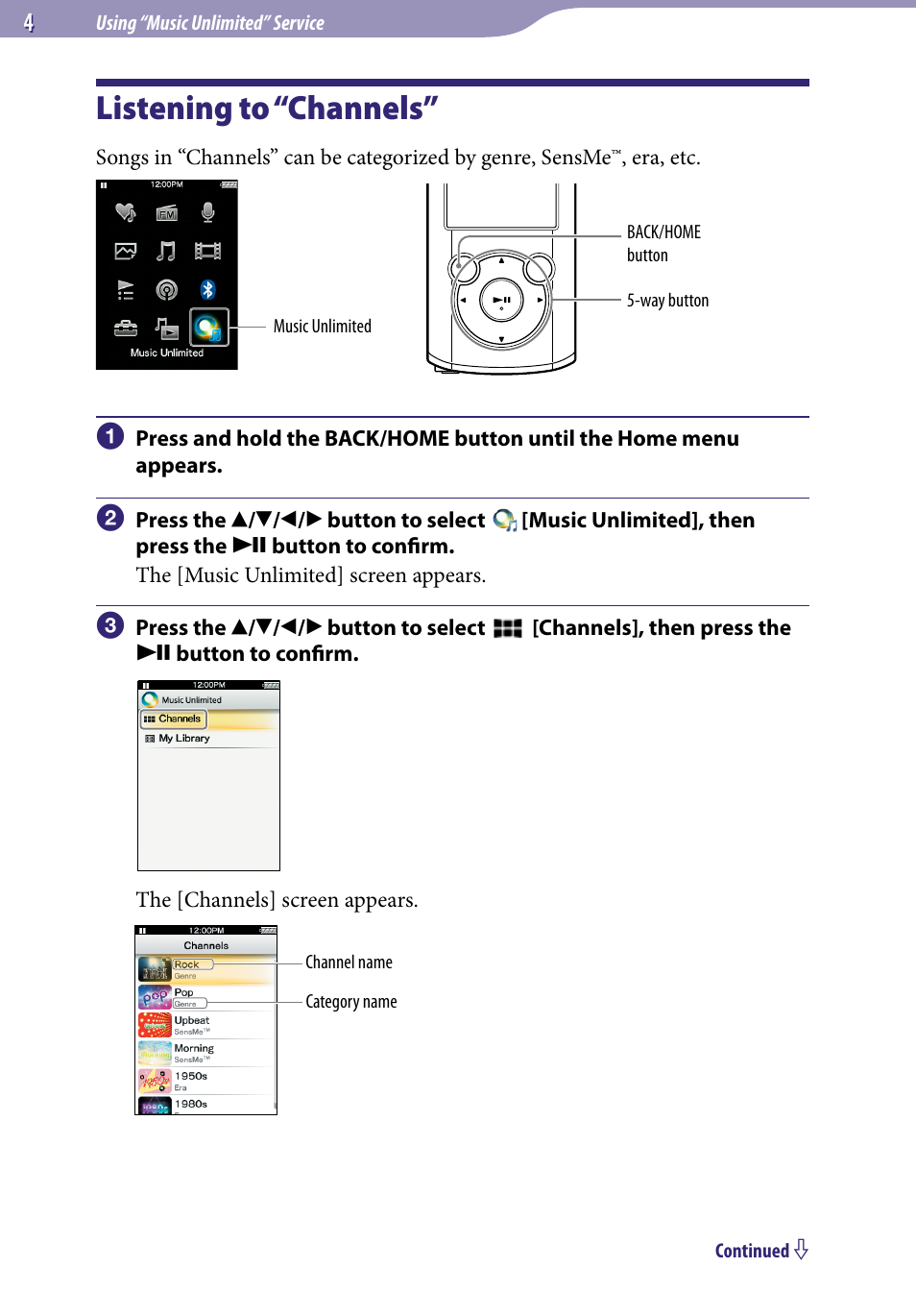 Listening to “channels | Sony NWZ-S764WHI User Manual | Page 4 / 8