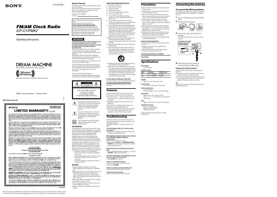 Sony ICF-C1iPMK2BLK User Manual | 2 pages