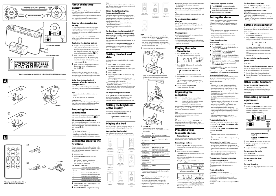 About the backup battery, Preparing the remote commander, Setting the clock for the first time | Setting the clock and date, Setting the brightness of the display, Playing the ipod, Playing the radio, Improving the reception, Presetting your favourite station, Setting the alarm | Sony ICF-C1iPMK2BLK User Manual | Page 2 / 2