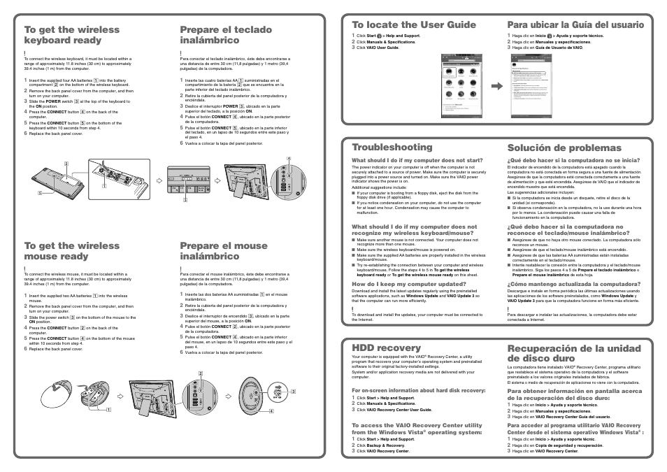 Solución de problemas, Troubleshooting, Para ubicar la guía del usuario | Hdd recovery, Recuperación de la unidad de disco duro, Prepare el teclado inalámbrico, Prepare el mouse inalámbrico | Sony VGC-LT28E User Manual | Page 2 / 2