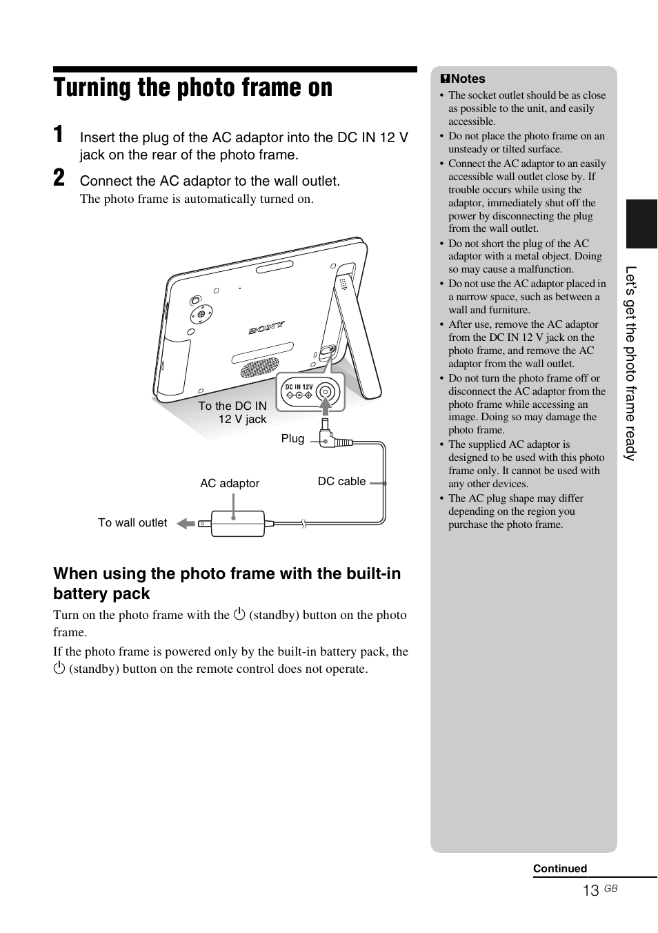 Turning the photo frame on | Sony DPF-D830 User Manual | Page 13 / 40