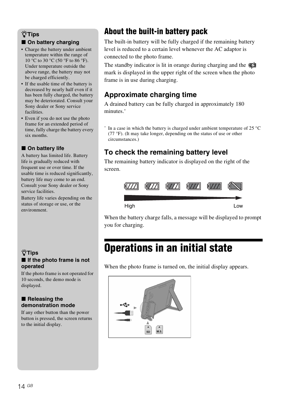 About the built-in battery pack, Operations in an initial state, Approximate charging time | Sony DPF-D830 User Manual | Page 14 / 40