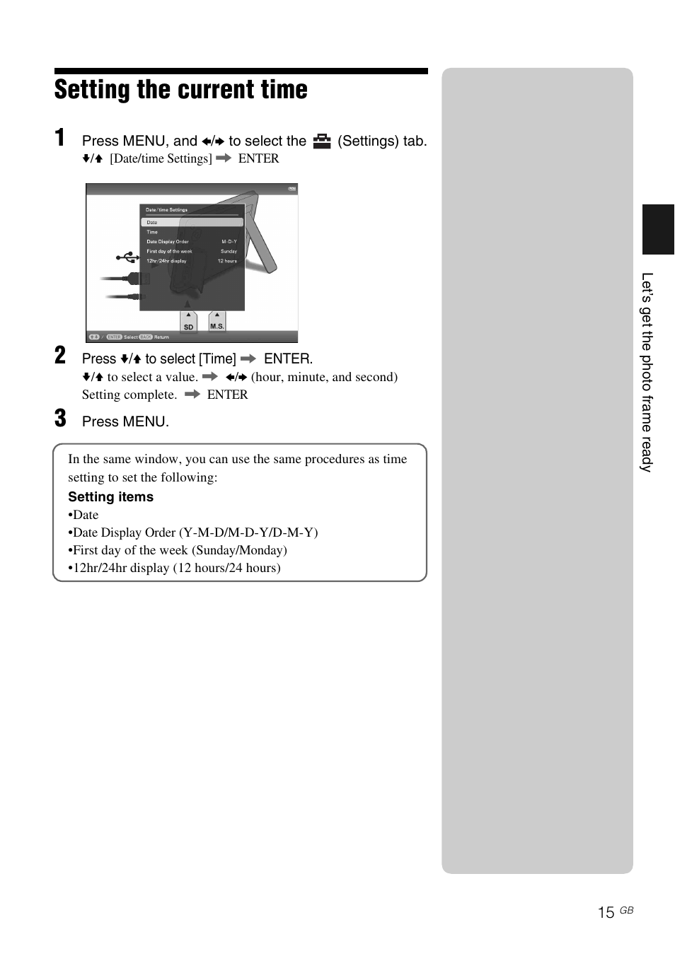 Setting the current time | Sony DPF-D830 User Manual | Page 15 / 40