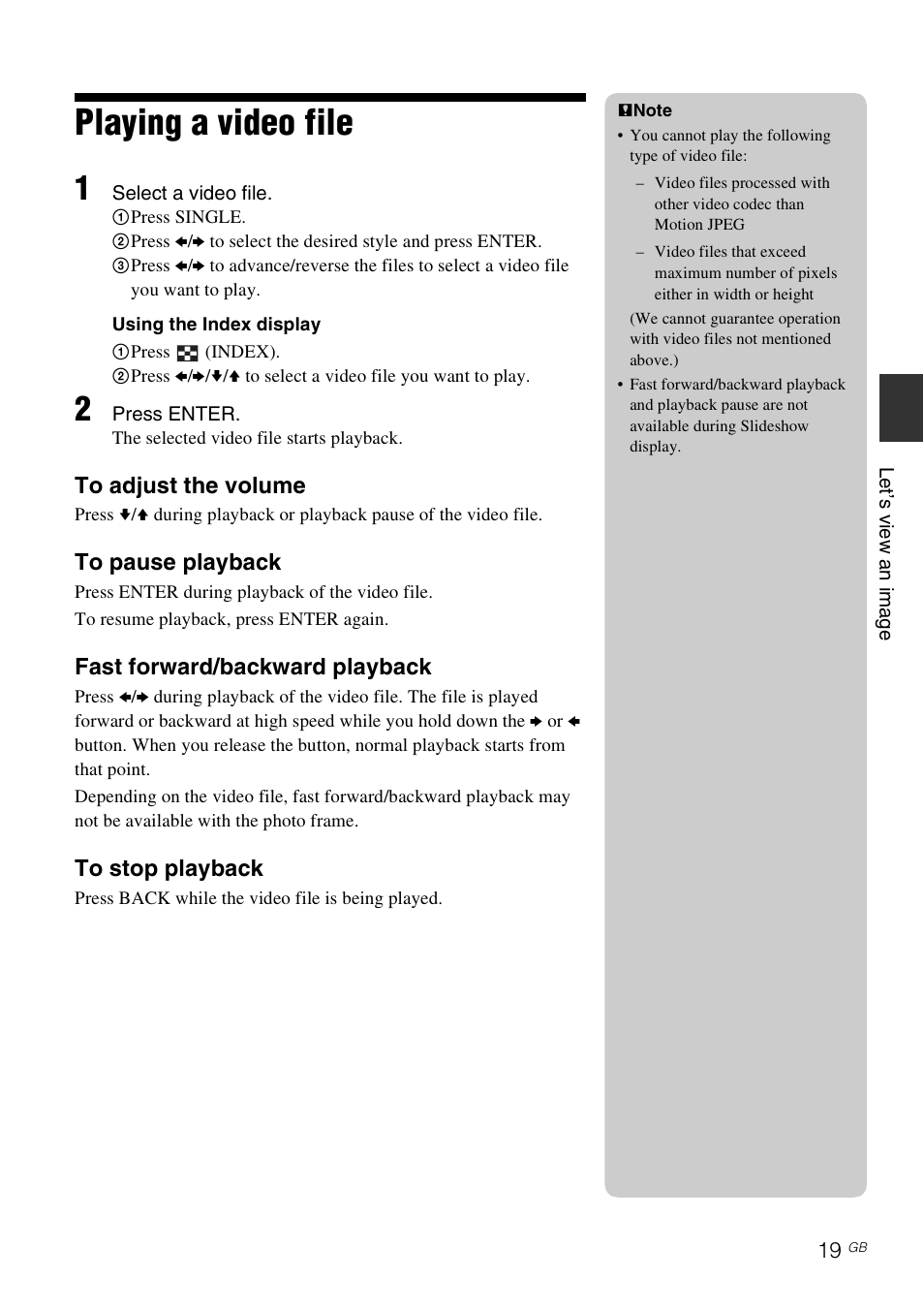 Playing a video file, Fast forward/backward playback | Sony DPF-D830 User Manual | Page 19 / 40