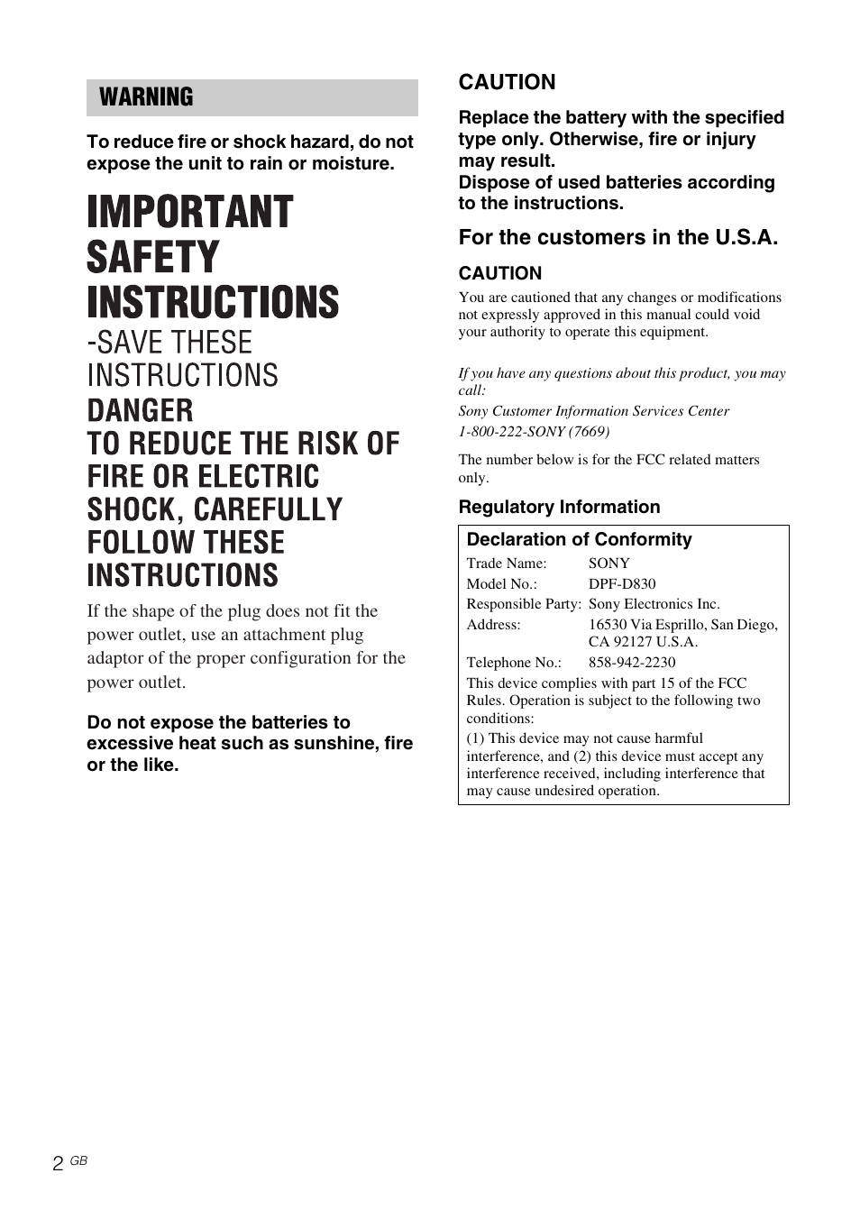 Warning, Caution, For the customers in the u.s.a | Sony DPF-D830 User Manual | Page 2 / 40