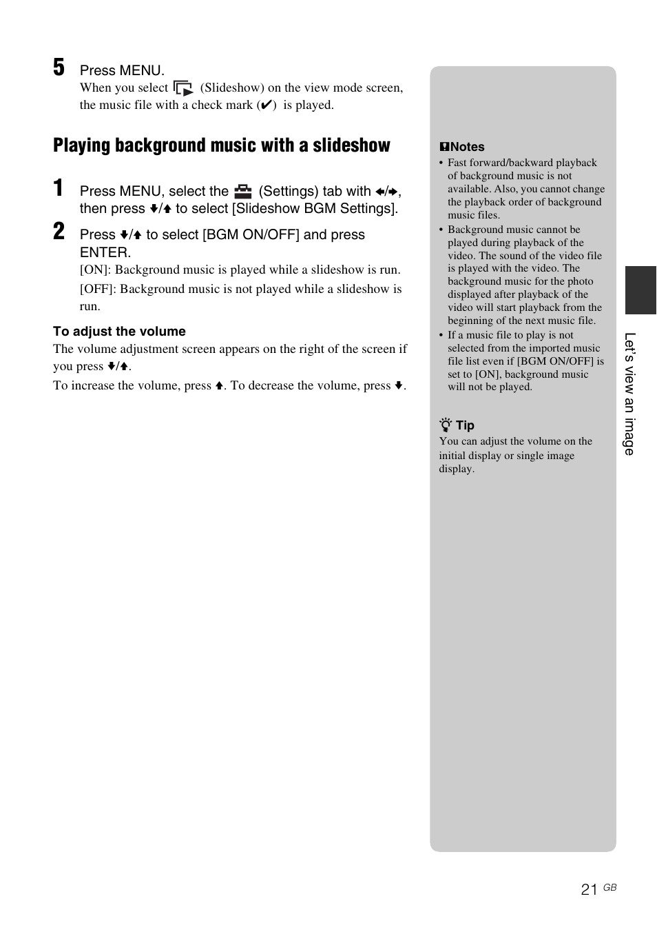 Playing background music with a slideshow | Sony DPF-D830 User Manual | Page 21 / 40