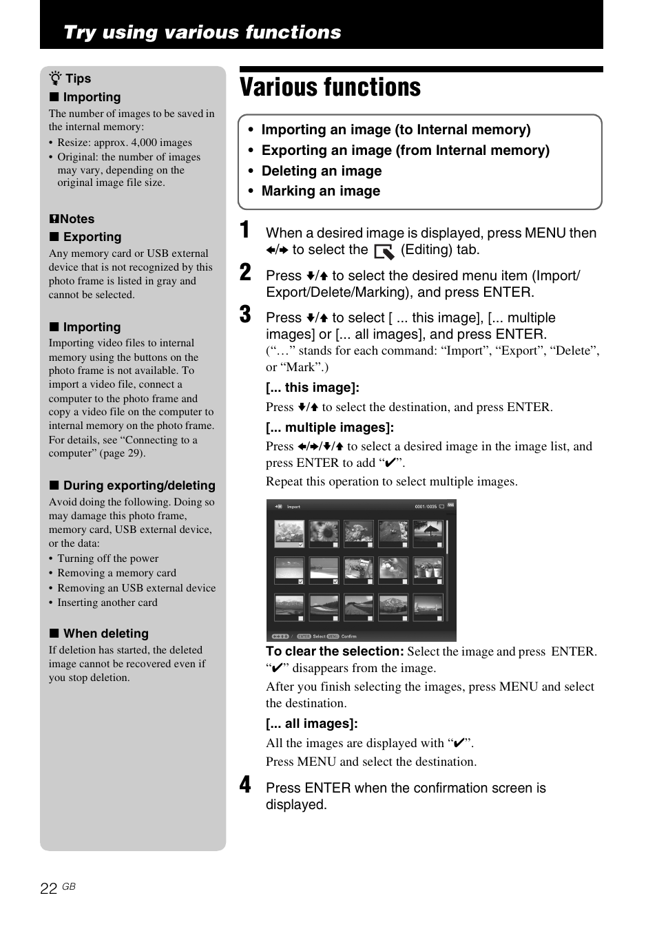 Try using various functions, Various functions | Sony DPF-D830 User Manual | Page 22 / 40