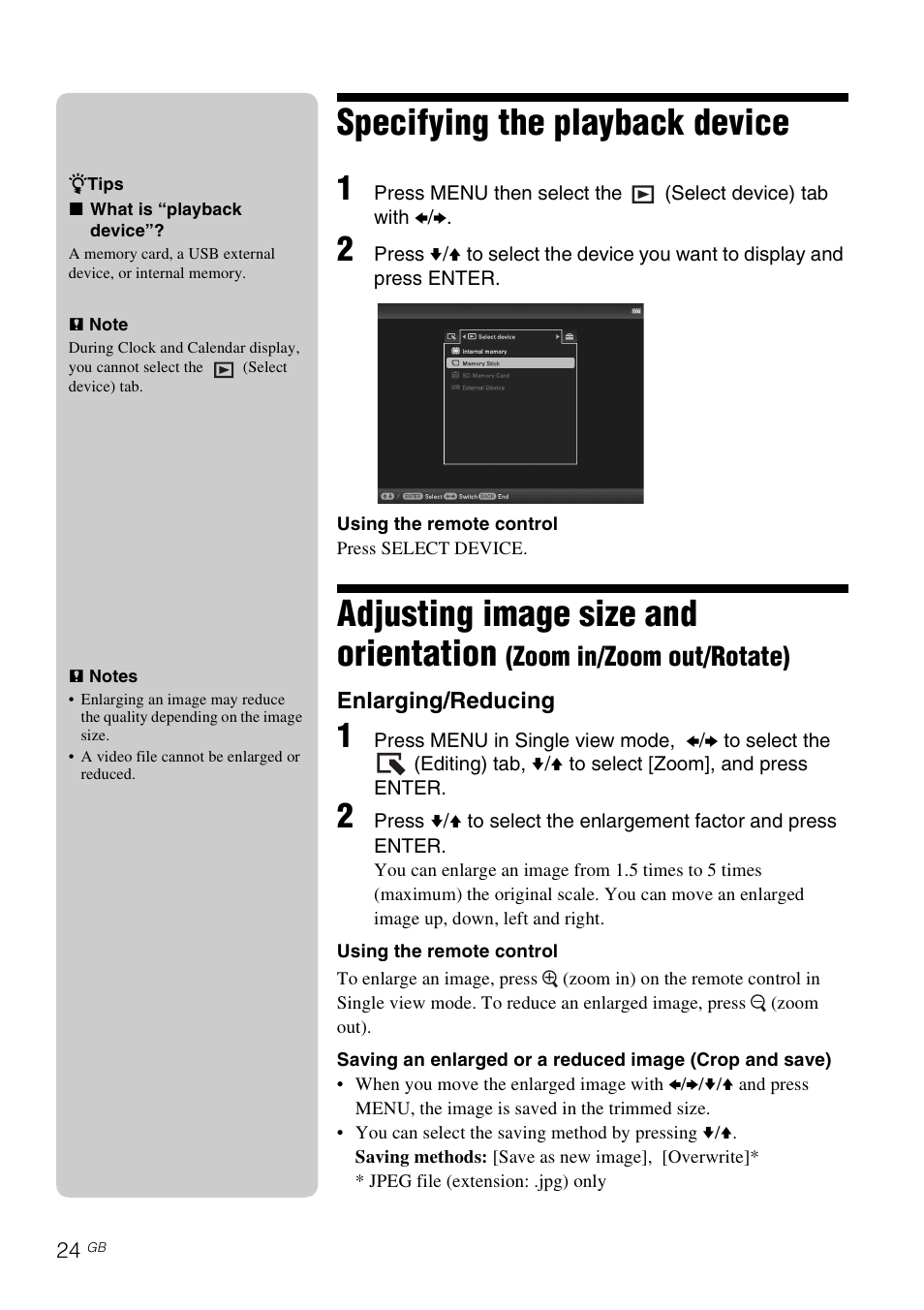 Specifying the playback device, Adjusting image size and orientation, Zoom in/zoom out/rotate) | Sony DPF-D830 User Manual | Page 24 / 40