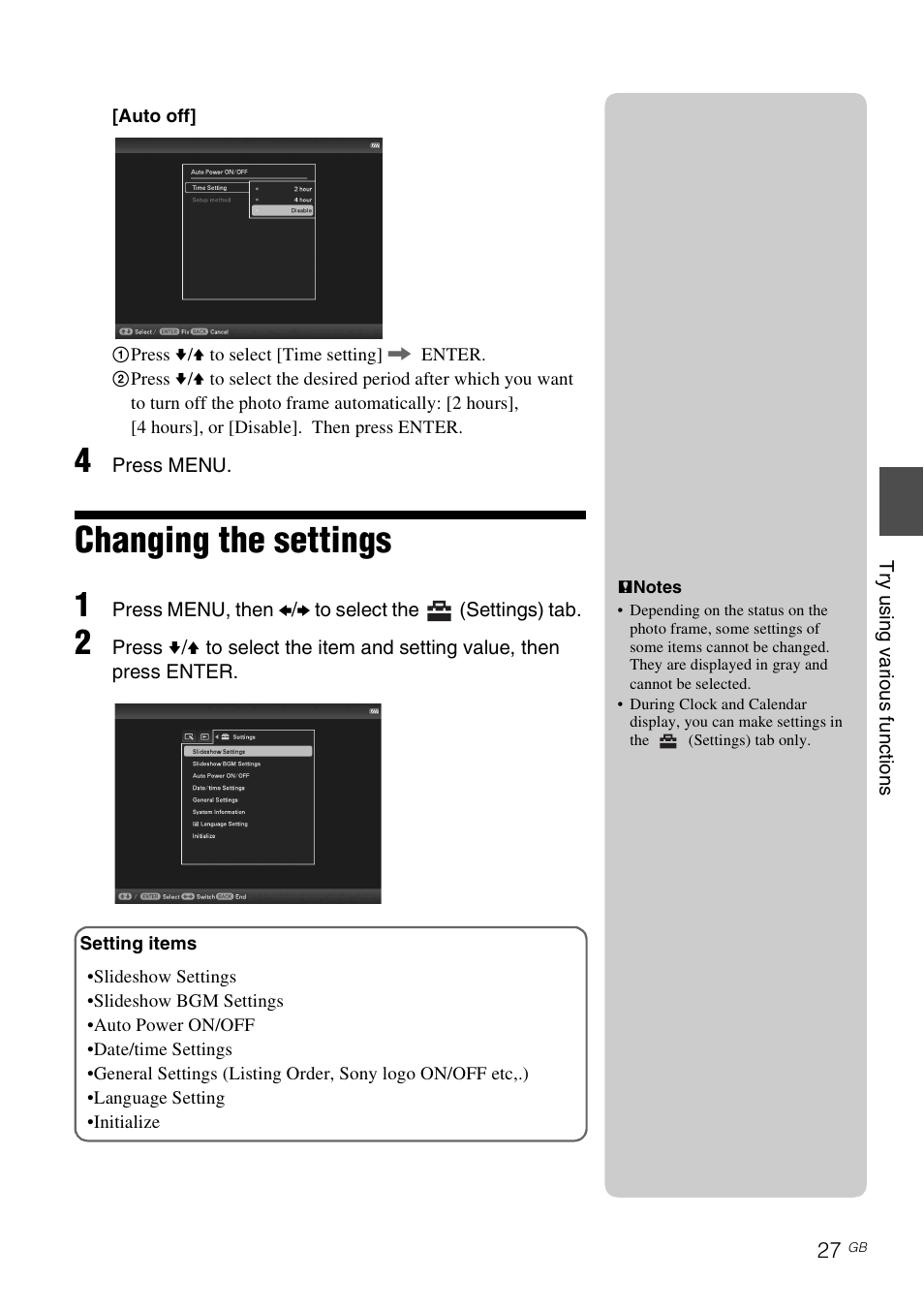 Changing the settings | Sony DPF-D830 User Manual | Page 27 / 40