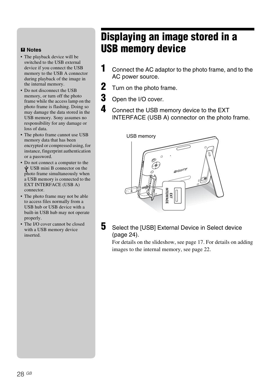 Displaying an image stored in a usb memory device | Sony DPF-D830 User Manual | Page 28 / 40