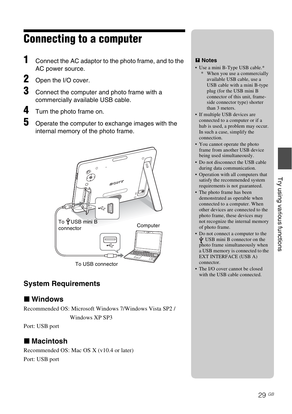 Connecting to a computer | Sony DPF-D830 User Manual | Page 29 / 40