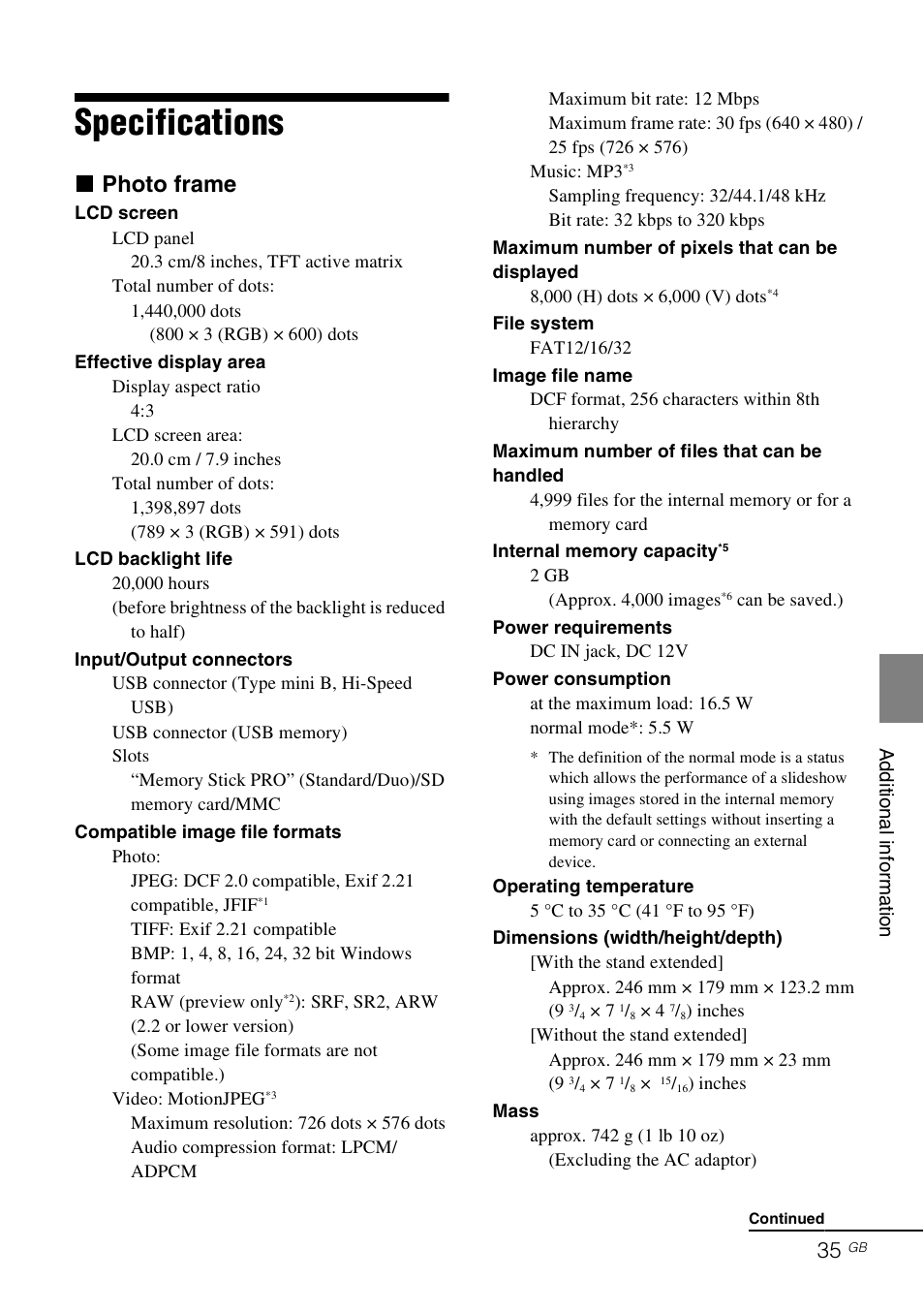 Specifications, X photo frame | Sony DPF-D830 User Manual | Page 35 / 40