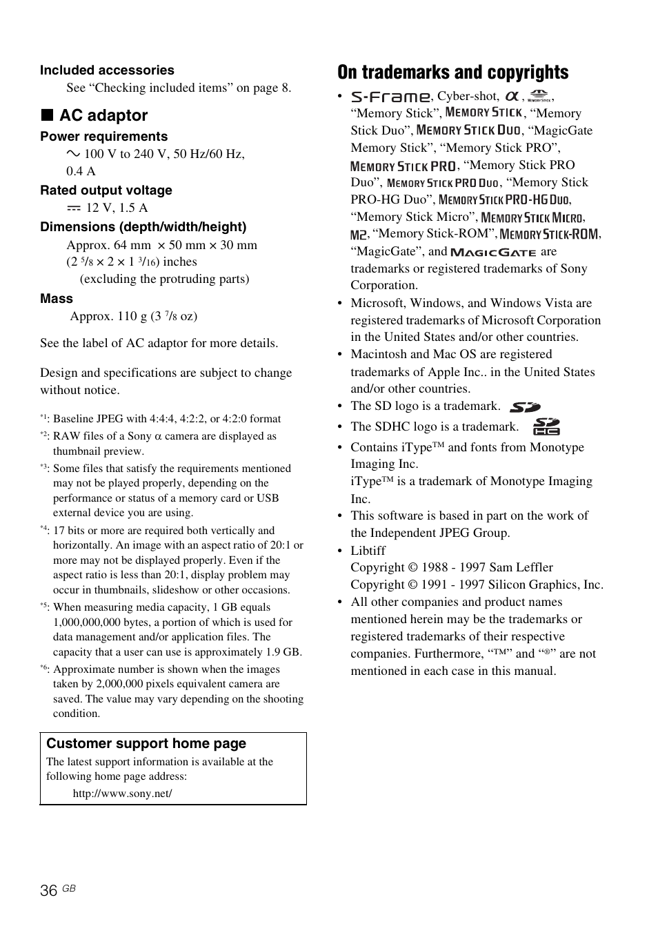 On trademarks and copyrights, X ac adaptor | Sony DPF-D830 User Manual | Page 36 / 40