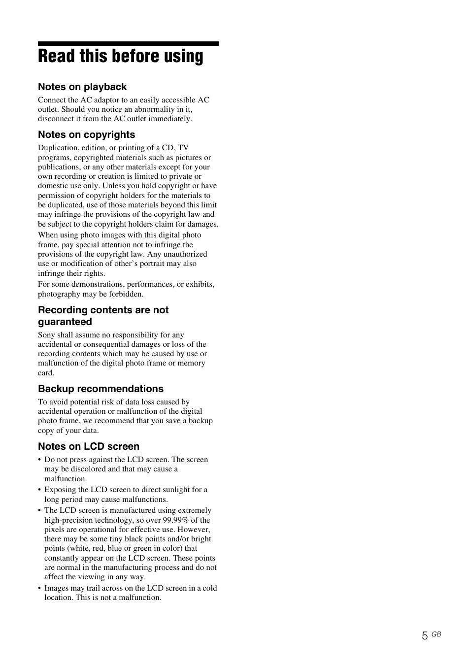 Read this before using | Sony DPF-D830 User Manual | Page 5 / 40