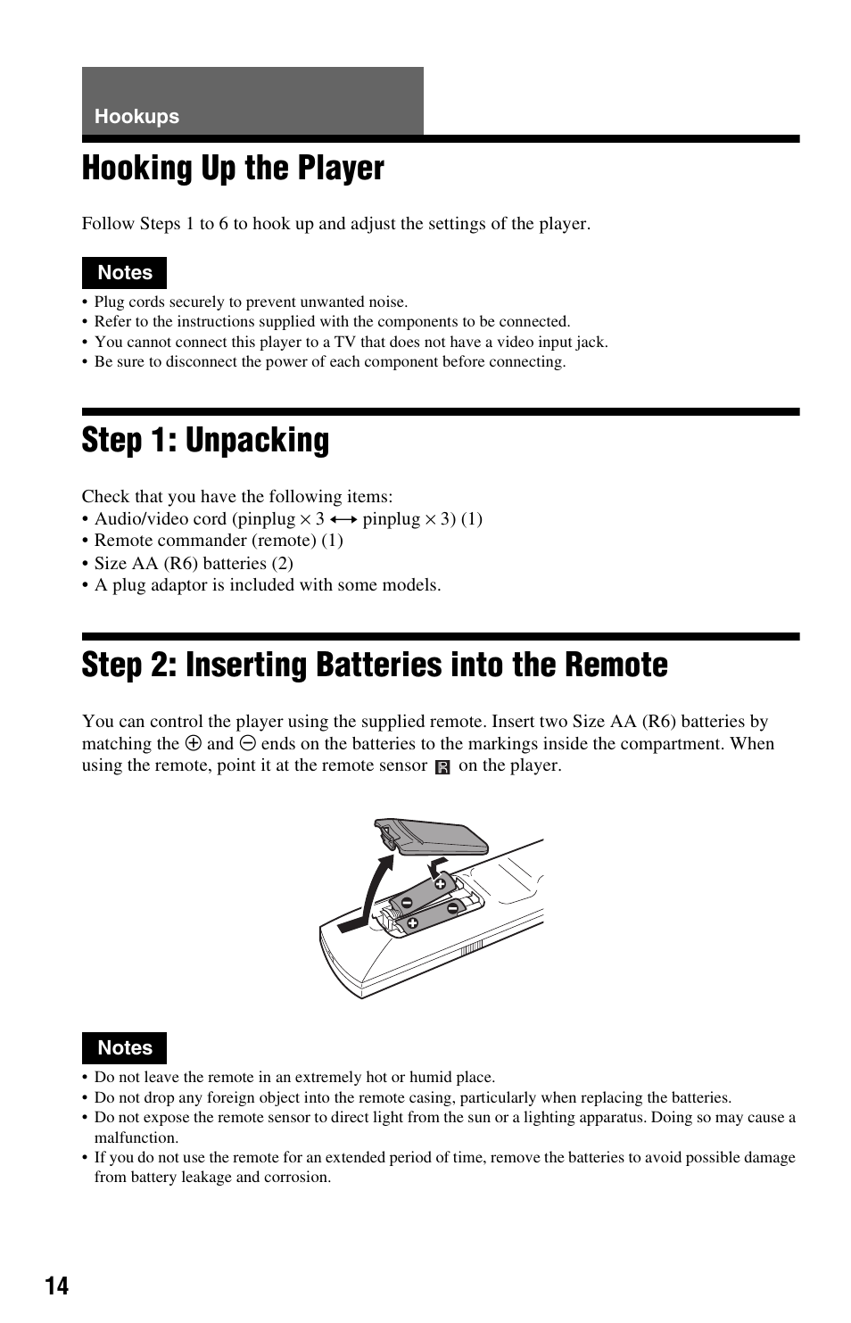 Hookups, Hooking up the player, Step 1: unpacking | Step 2: inserting batteries into the remote, R) (14) | Sony DVP-NS325 User Manual | Page 14 / 66