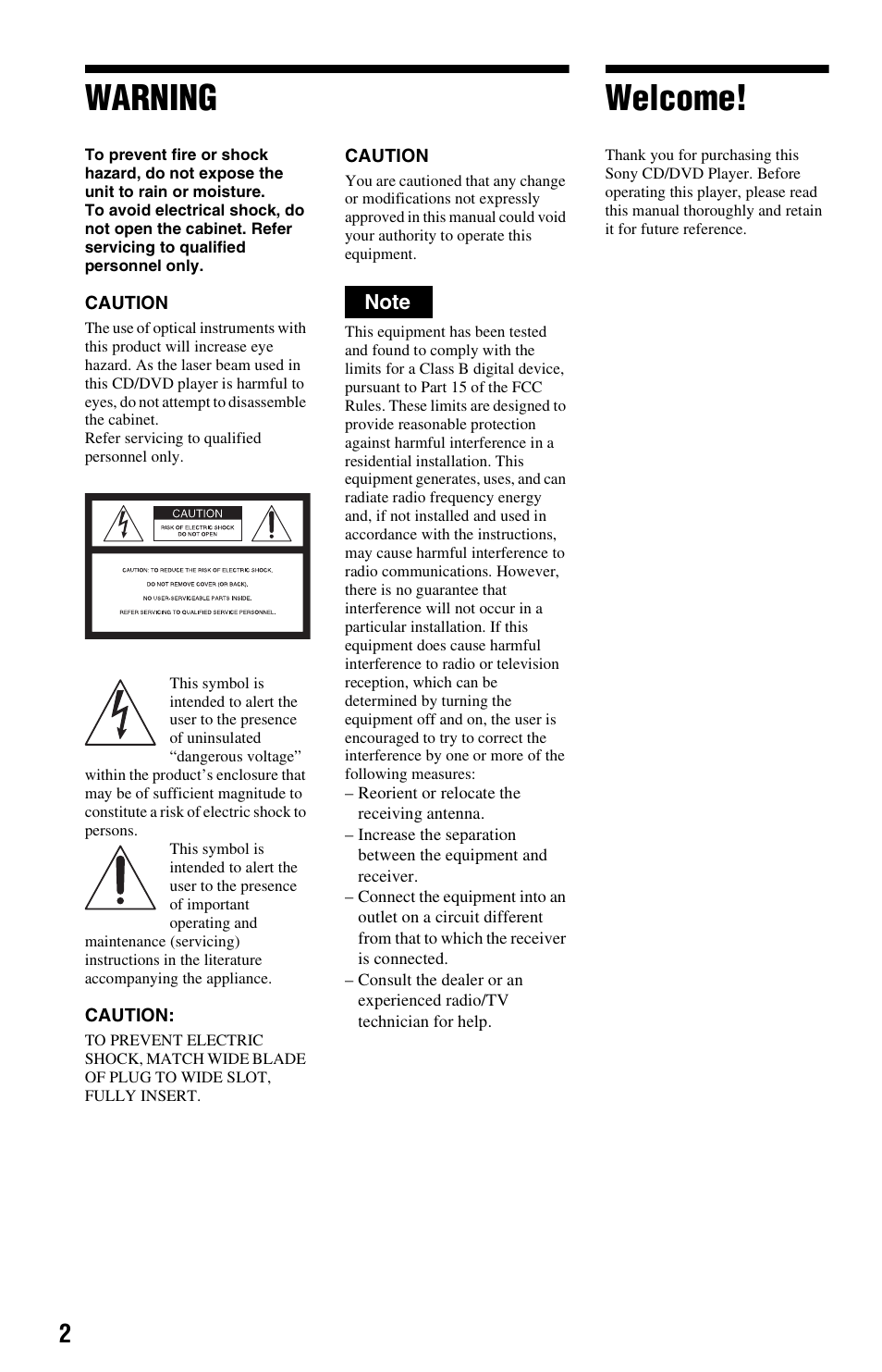 Warning, Welcome | Sony DVP-NS325 User Manual | Page 2 / 66