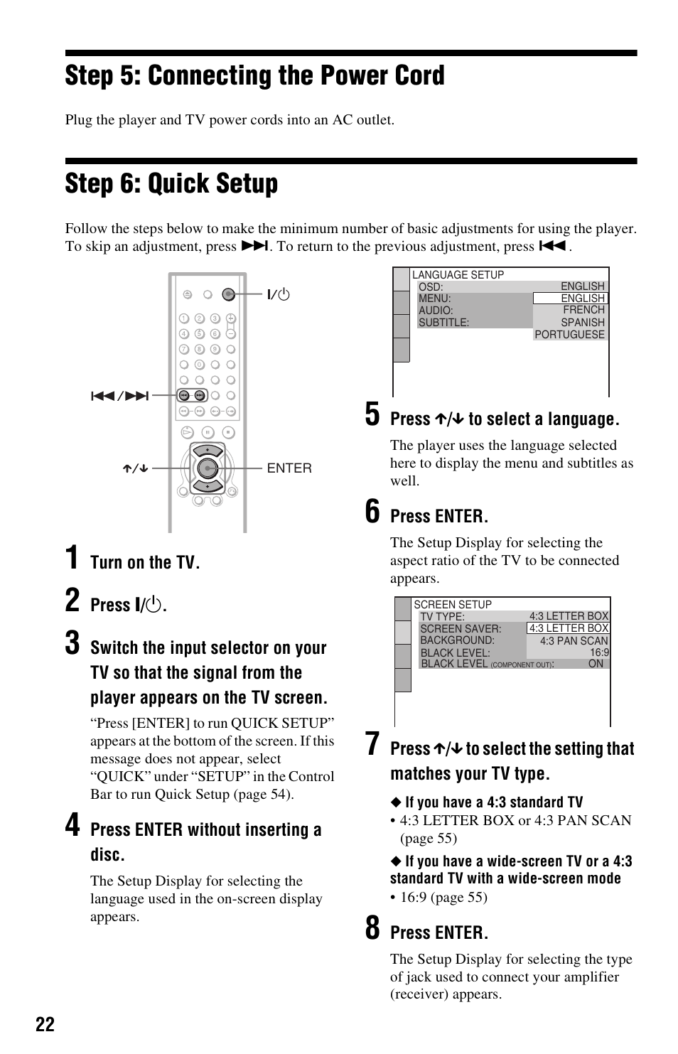 Step 5: connecting the power cord, Step 6: quick setup | Sony DVP-NS325 User Manual | Page 22 / 66