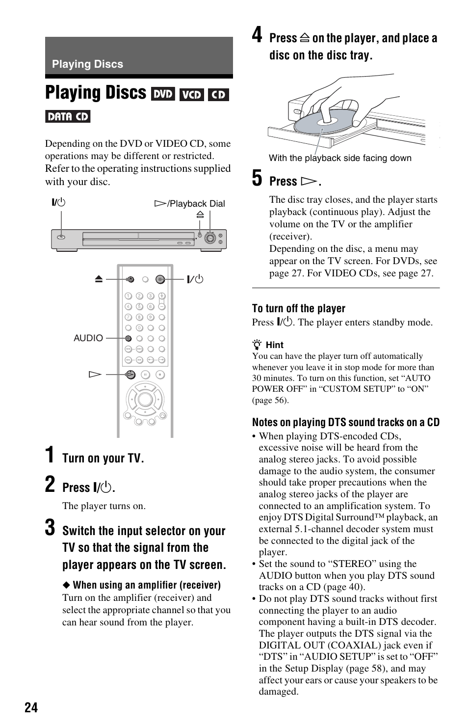 Playing discs, Disc tray (24), On (24) | Sony DVP-NS325 User Manual | Page 24 / 66