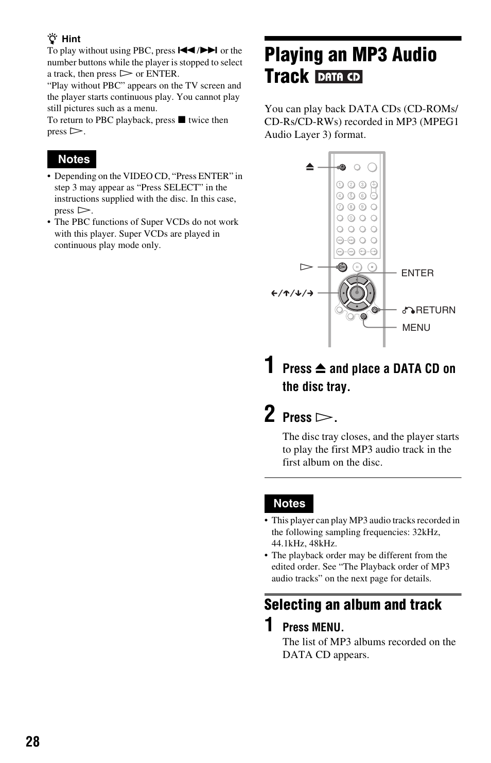 Playing an mp3 audio track, Selecting an album and track | Sony DVP-NS325 User Manual | Page 28 / 66