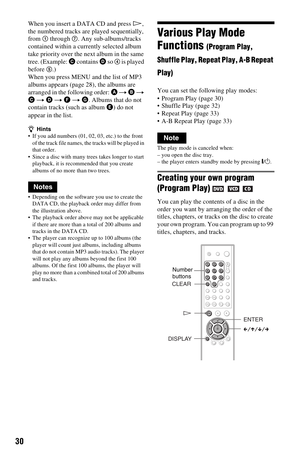 Various play mode functions, N (30, Creating your own program (program play) | Sony DVP-NS325 User Manual | Page 30 / 66