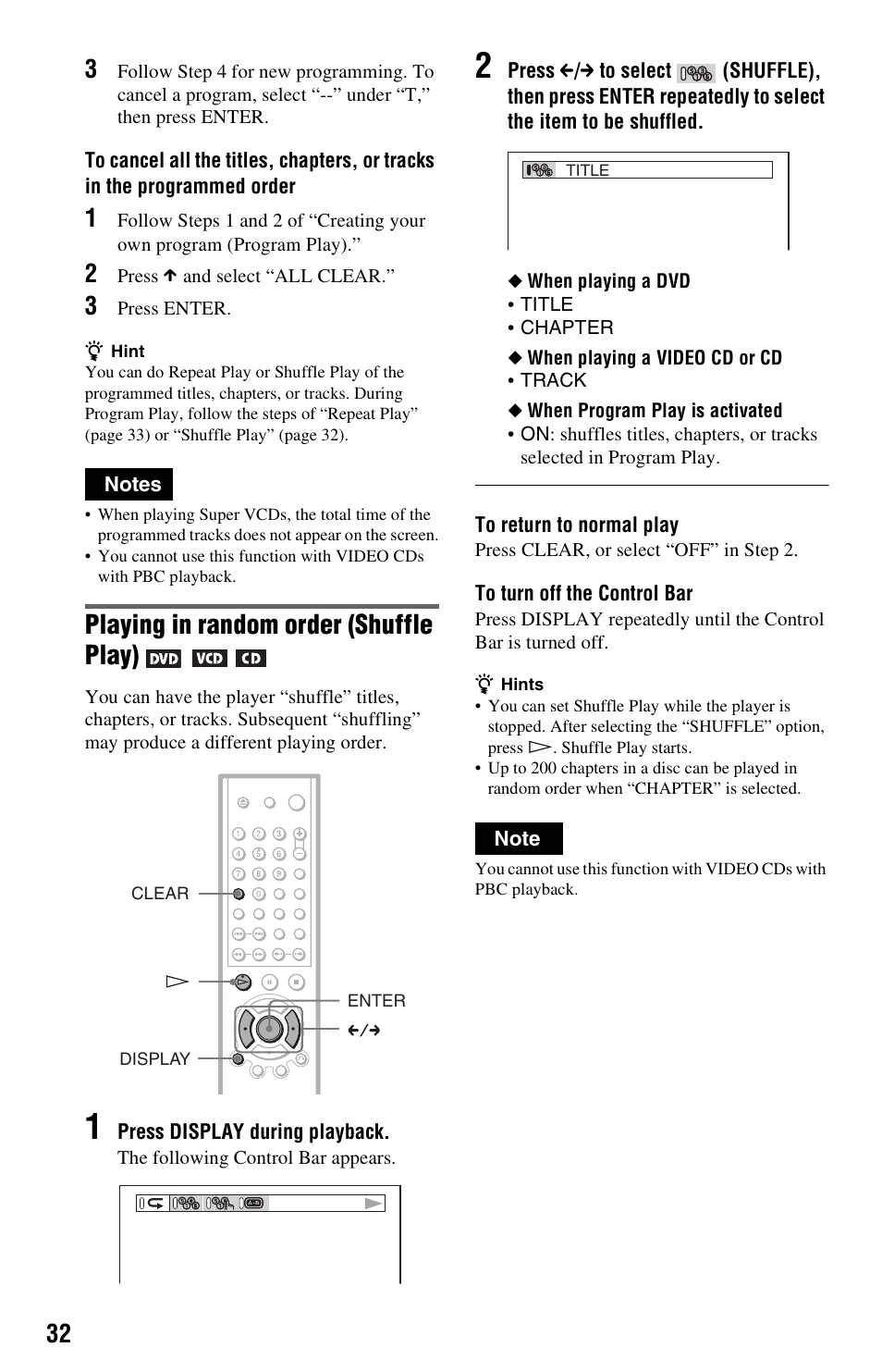 Playing in random order (shuffle play) | Sony DVP-NS325 User Manual | Page 32 / 66