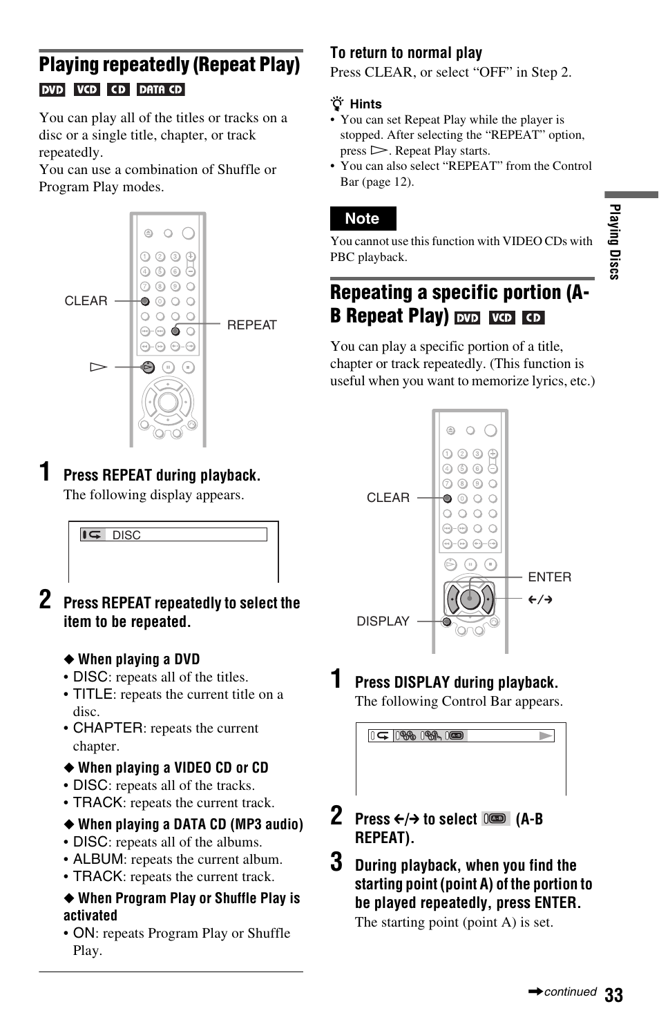 Playing repeatedly (repeat play), Repeating a specific portion (a- b repeat play) | Sony DVP-NS325 User Manual | Page 33 / 66