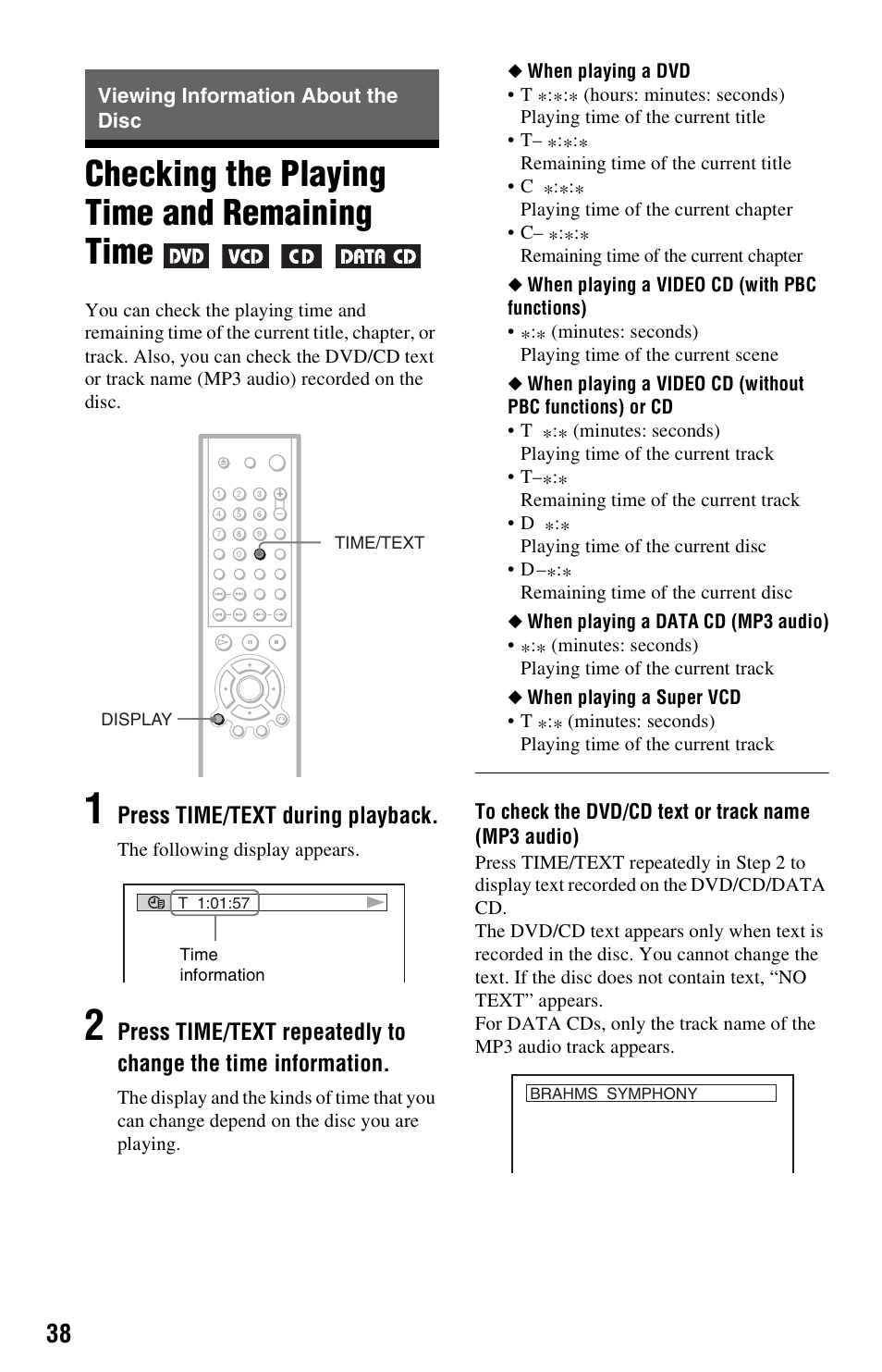 Viewing information about the disc, Checking the playing time and remaining time, N (38 | Sony DVP-NS325 User Manual | Page 38 / 66