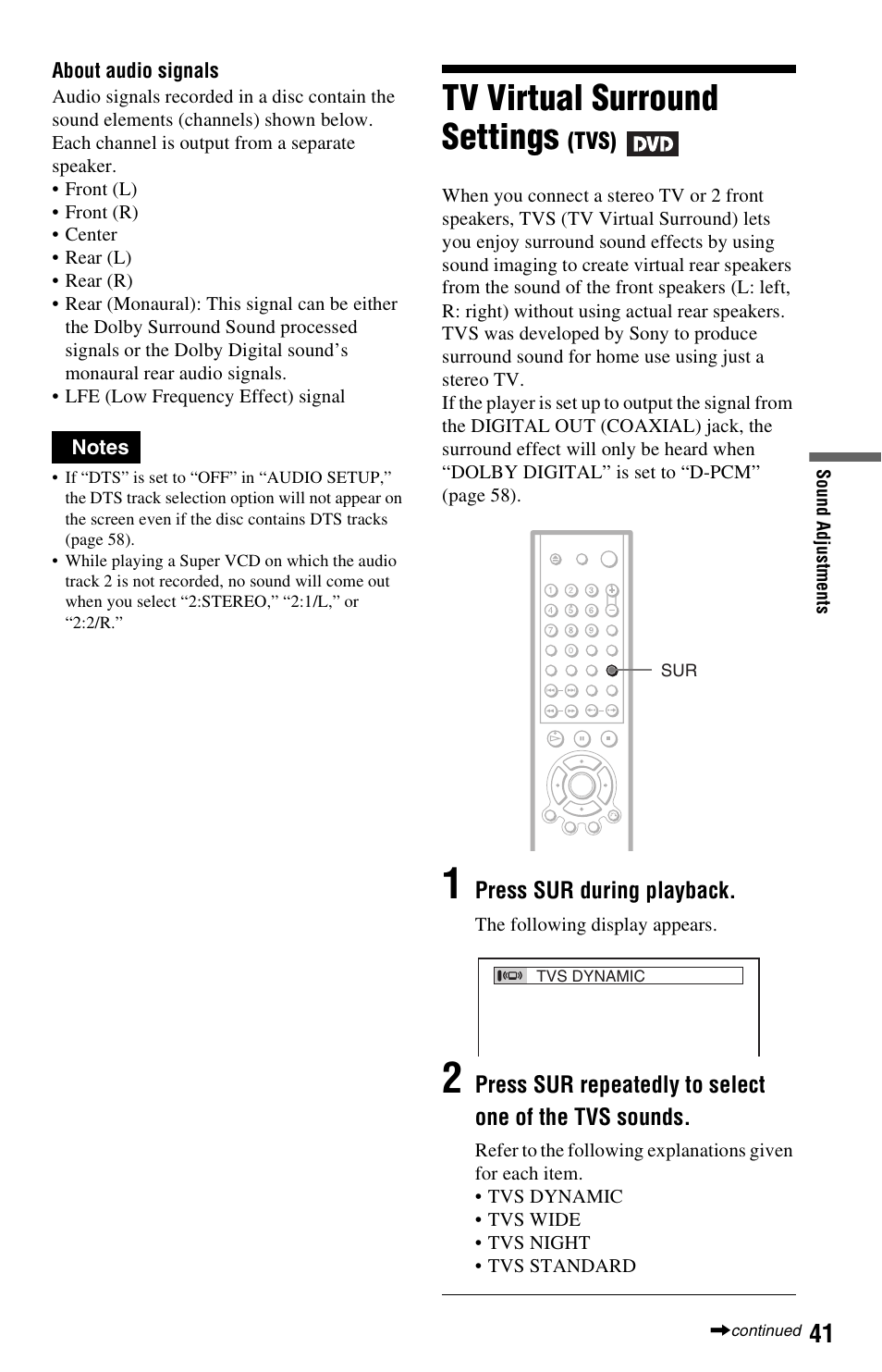 Tv virtual surround settings (tvs), Tv virtual surround settings (tvs, Tv virtual surround settings | Sony DVP-NS325 User Manual | Page 41 / 66