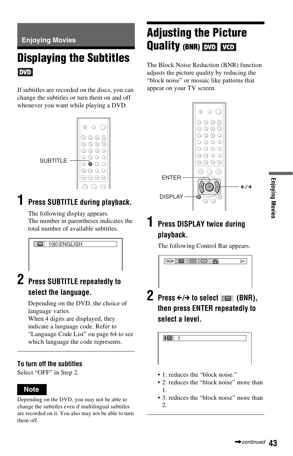 Enjoying movies, Displaying the subtitles, Adjusting the picture quality (bnr) | Adjusting the picture quality | Sony DVP-NS325 User Manual | Page 43 / 66