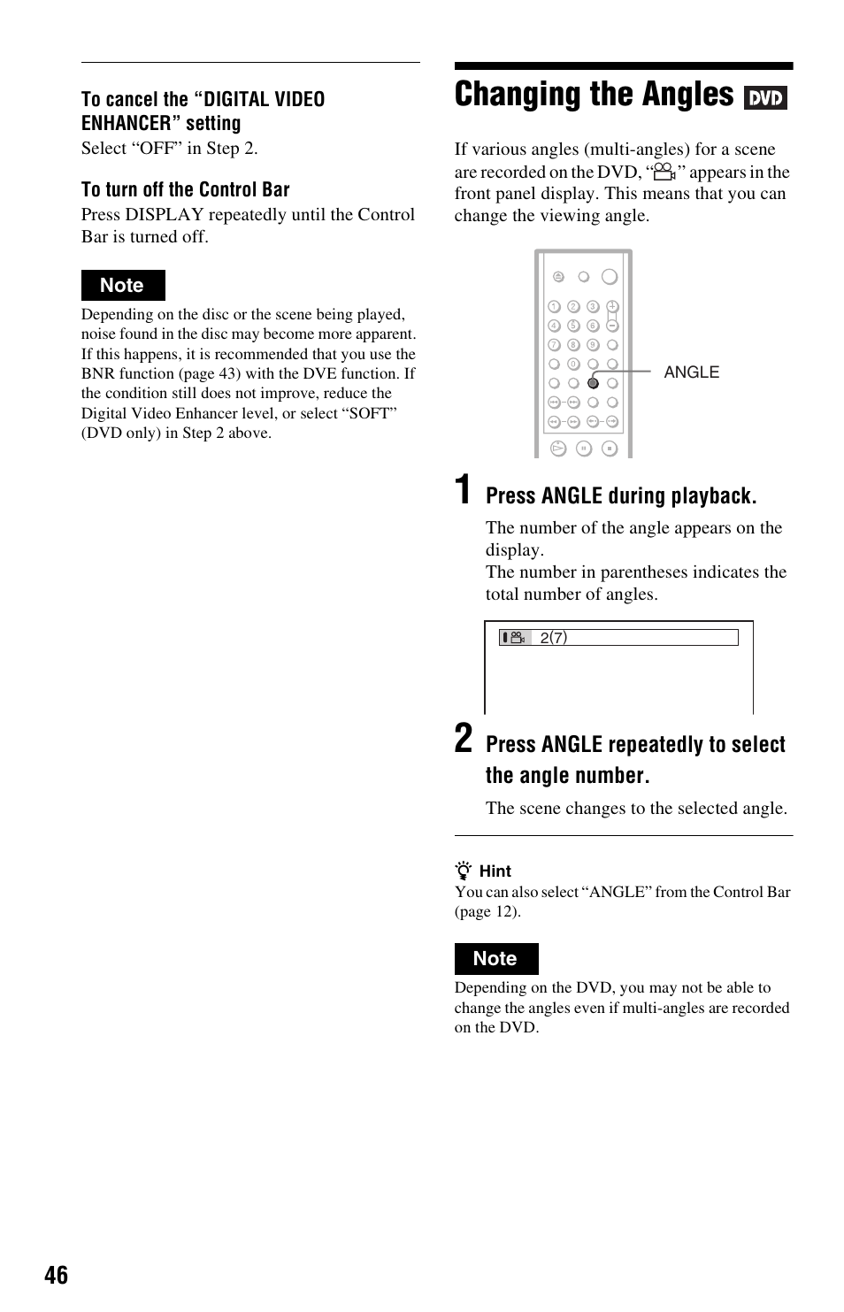 Changing the angles | Sony DVP-NS325 User Manual | Page 46 / 66